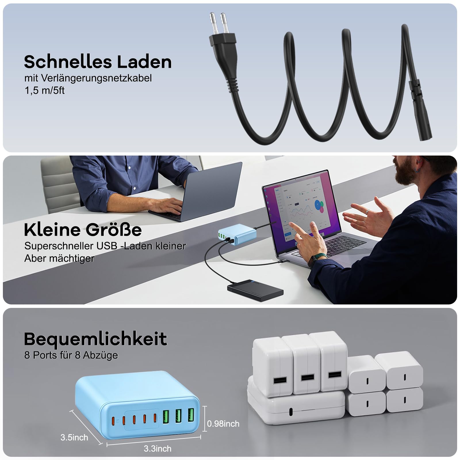 GaN IV Chargeur USB C 400 W - 8 ports - Chargeur rapide à 8 ports - Compatible avec MacBook Pro/Air, iPad Pro/Air, iPhone, Android, etc
