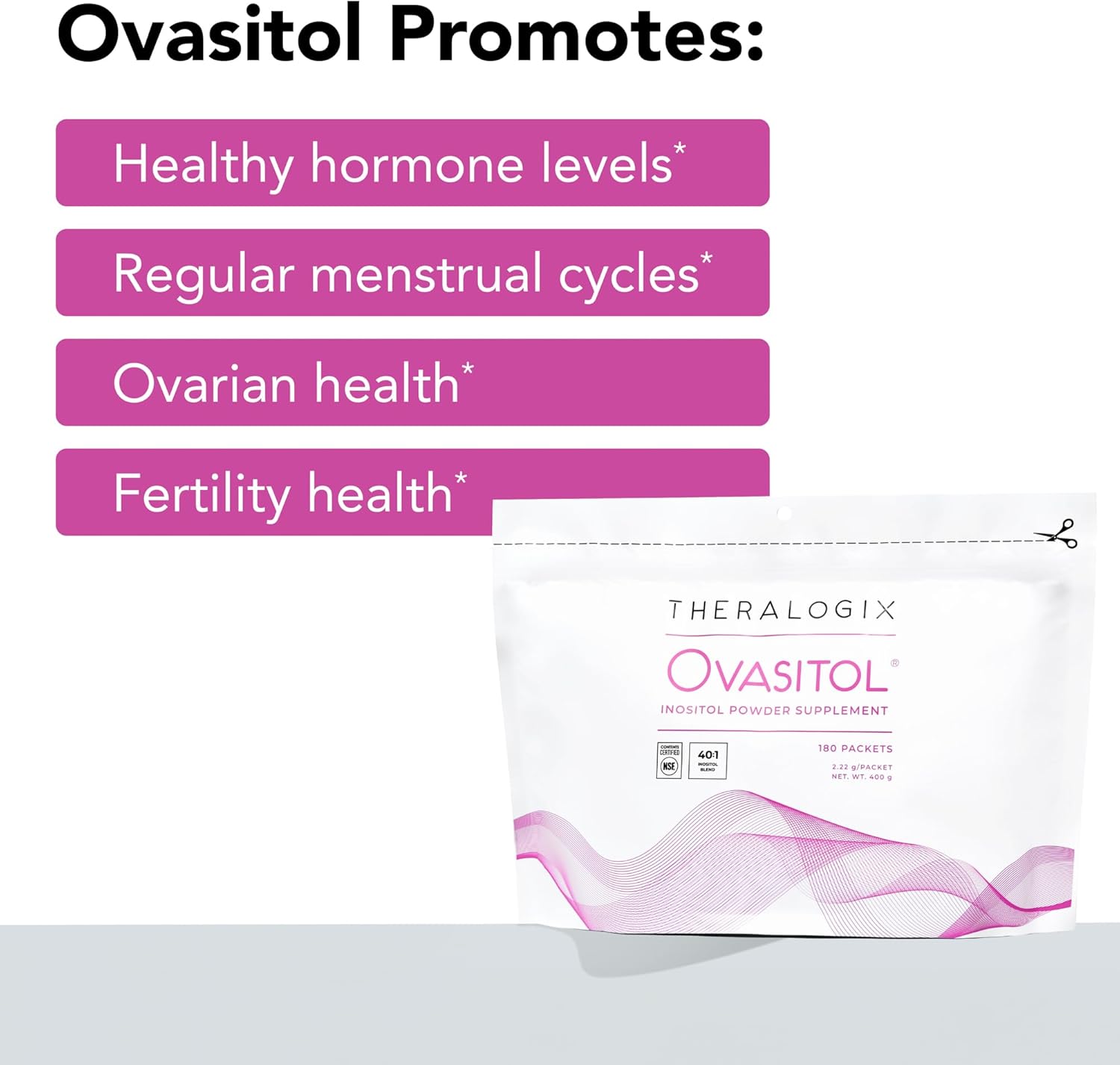 Theralogix Ovasitol Inositol Powder Packets - 90-Day Supply - Myo-Inositol & D-Chiro Inositol for Hormone Balance & Ovarian Function Support* - NSF Certified - 180 Packets