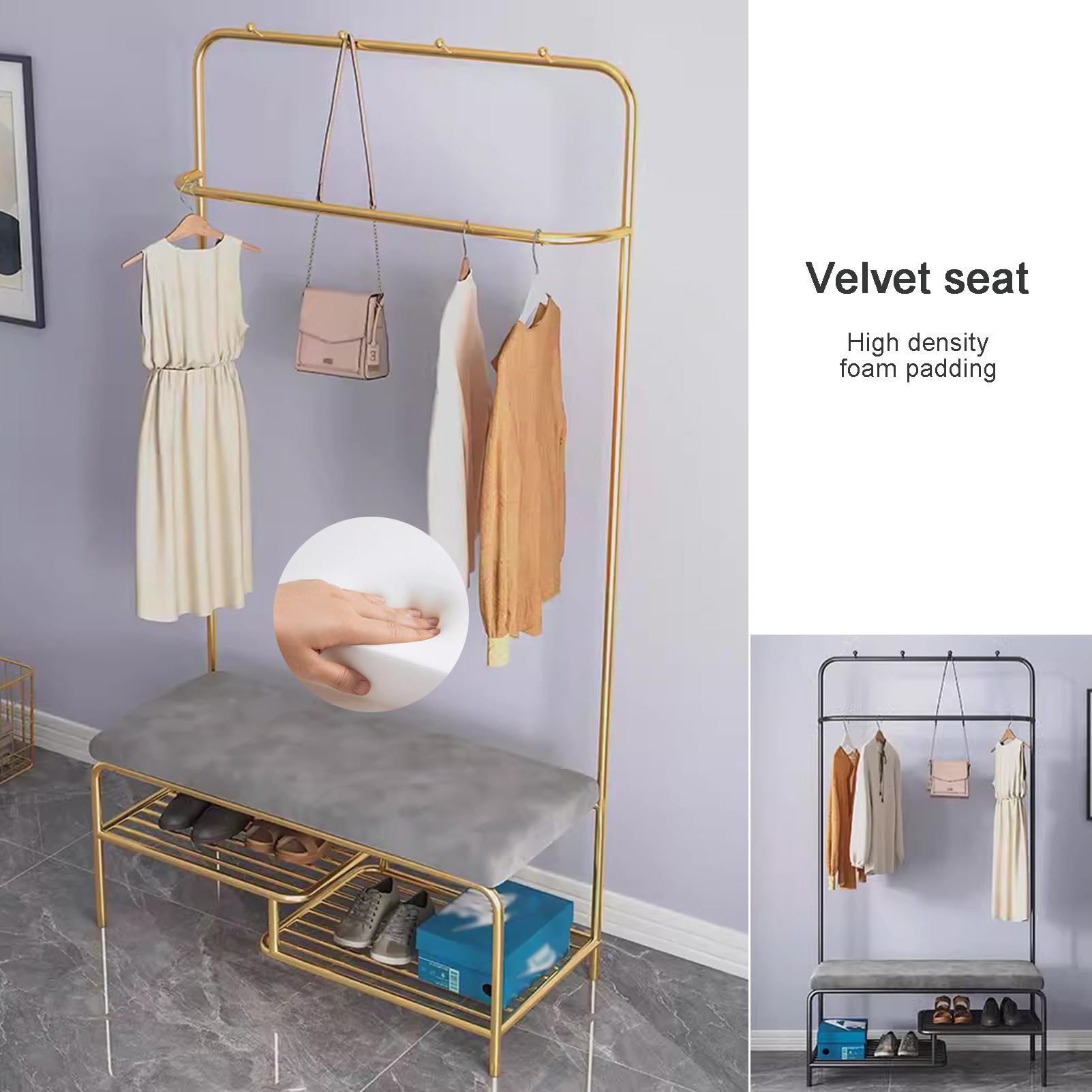Panca da Ingresso con Appendiabiti e portascarpe,Appendiabiti da Ingresso Stretto con Panca per Scarpe,Appendiabiti in Metallo con Gancio per Appendere,Panca Multiuso per riporre Scarpe per Corri
