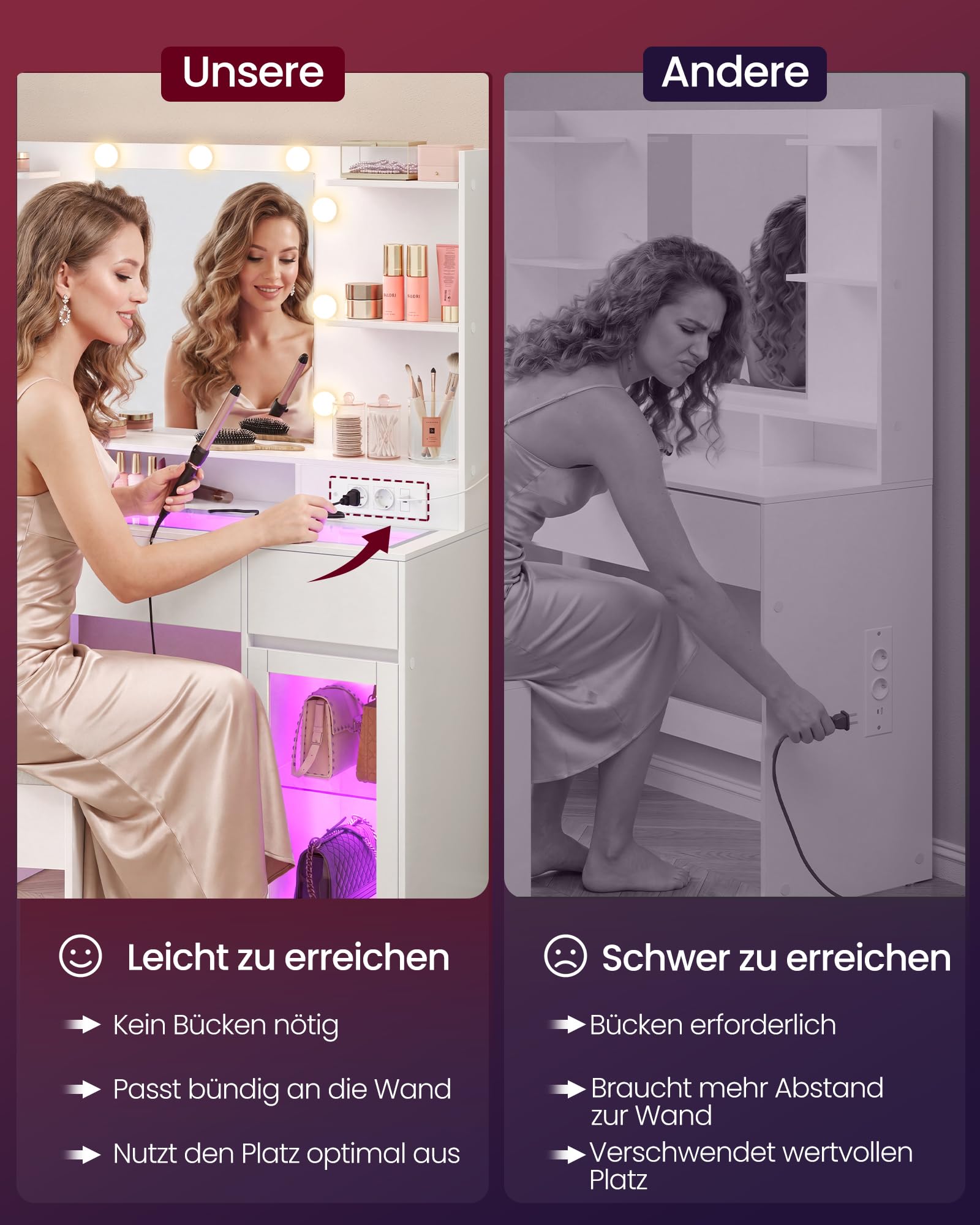 VASAGLE Schminktisch mit Spiegel, Holzspanplatte und Glas, RGB-Beleuchtung und Steckdose, mit 2 Schränken, ohne Hocker, 107 x 40 x 144,5 cm, Weiß, für Schlafzimmer, Kailyn Kollektion RDT145WB01