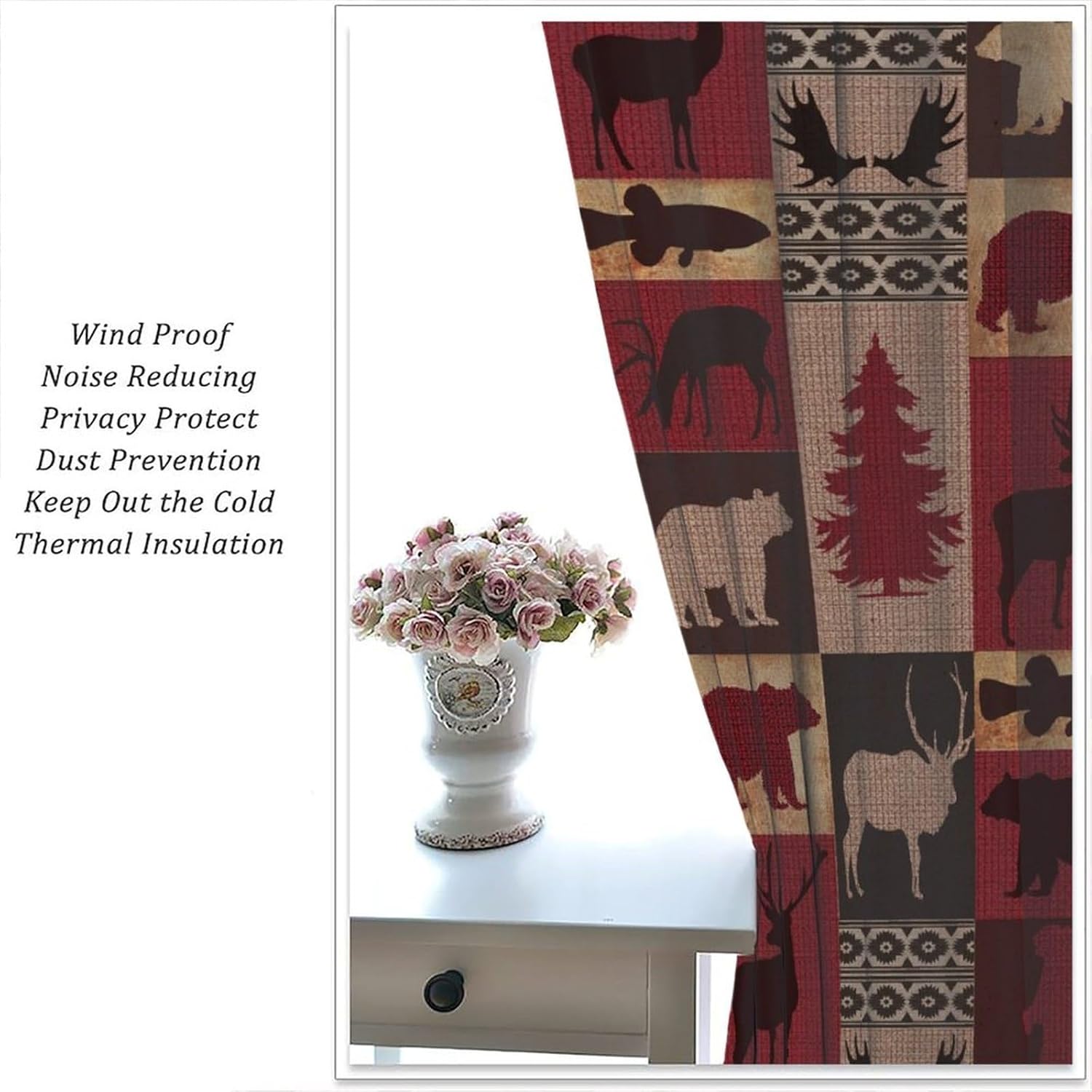 Retro Rustic Bear Curtains, Wild Bear Cabin Pine Farmhouse Window Treatments for Bedroom Kitchen Living Room Vintage Country Style Lodge Drapes 2 Panel Sets Red Brown 63x63 Inch