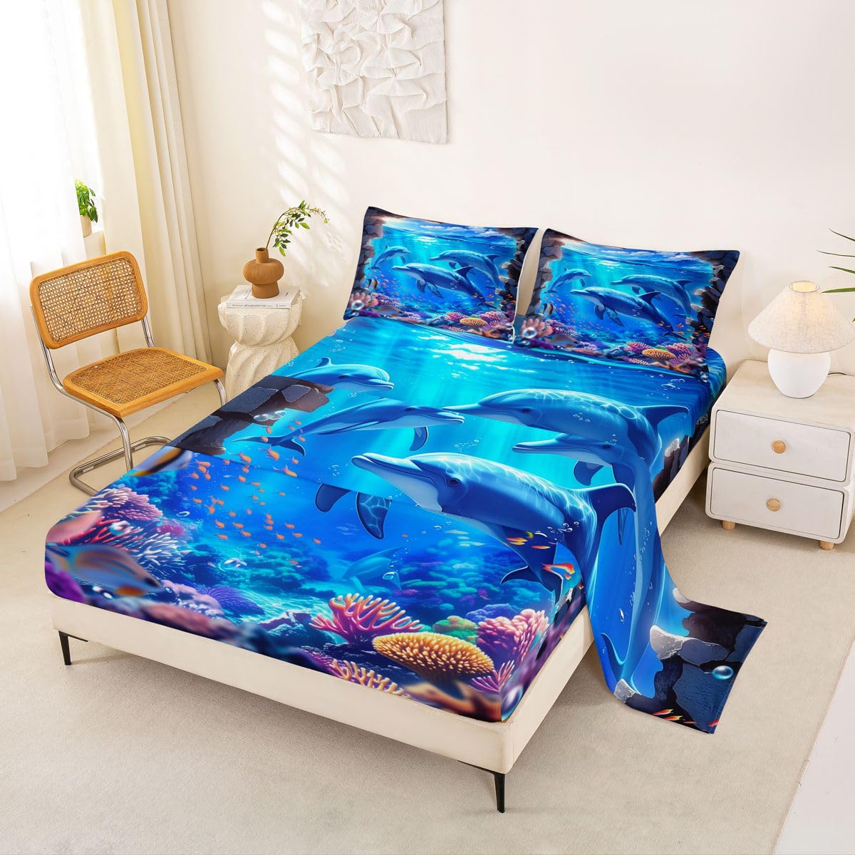 Homewish Ocean Waves zestaw pościeli podwójny ocean delfiny rafa koralowa prześcieradła niebieskie morze niebo białe chmury zestaw prześcieradeł - urocza kreskówka życie morskie dopasowane