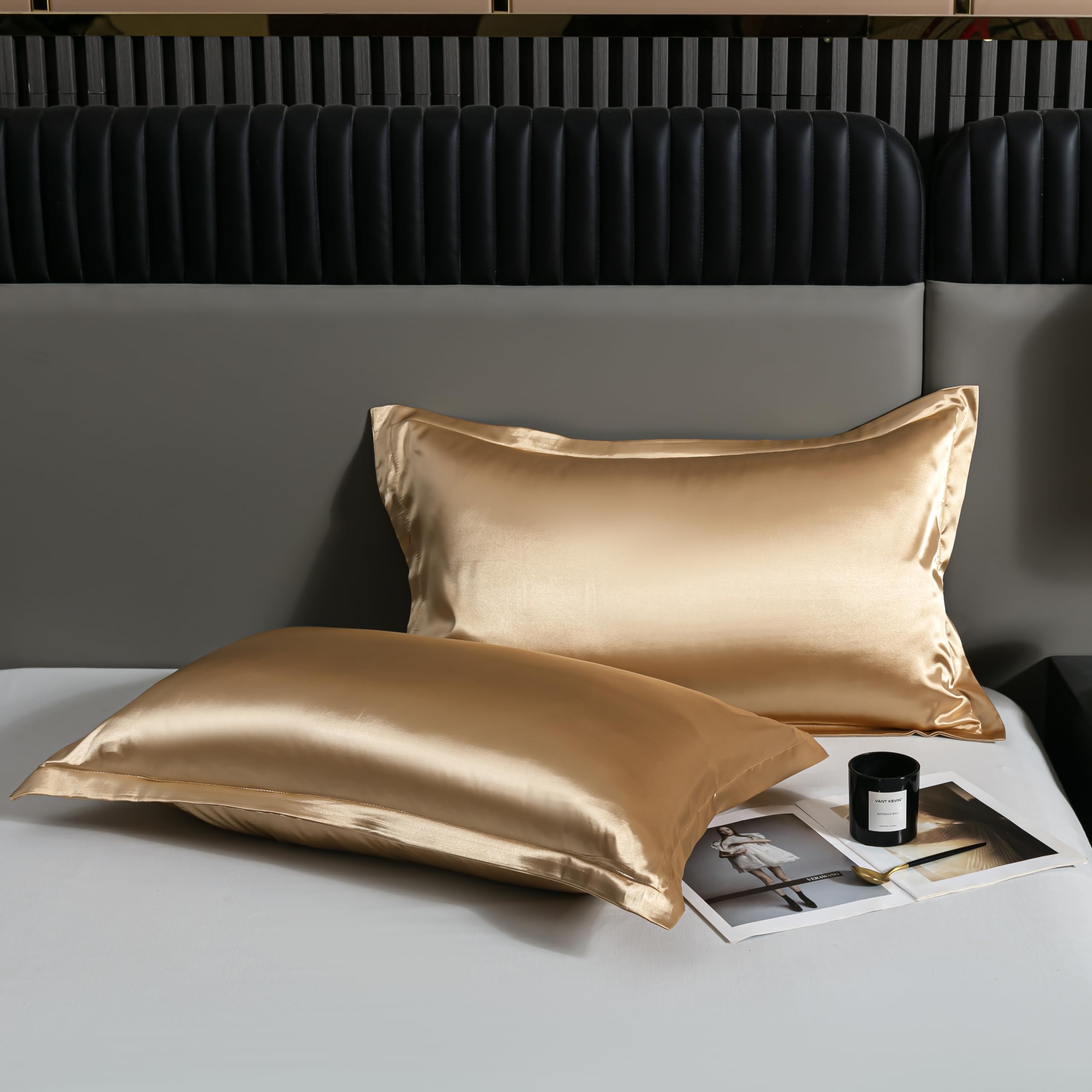 Golden Home Mulberry Satin Silk Pillowcase for Hair and Skin - Soft Breathable Smooth Both Sided Silk Pillow Cover Pair - Standard Size 50x75cm, 2pc (Standard, Gold)