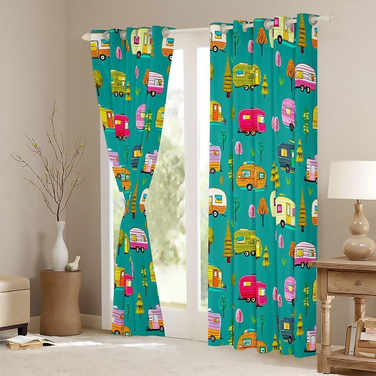 Feelyou Green Camper Camping Blackout Curtains RV Travel Trailer Darkening Drapes for Bedroom Living Room Decor Camping Theme Thermal Insulated Shades Window Treatments, 2 Panels 42 x 90 Inch image 3