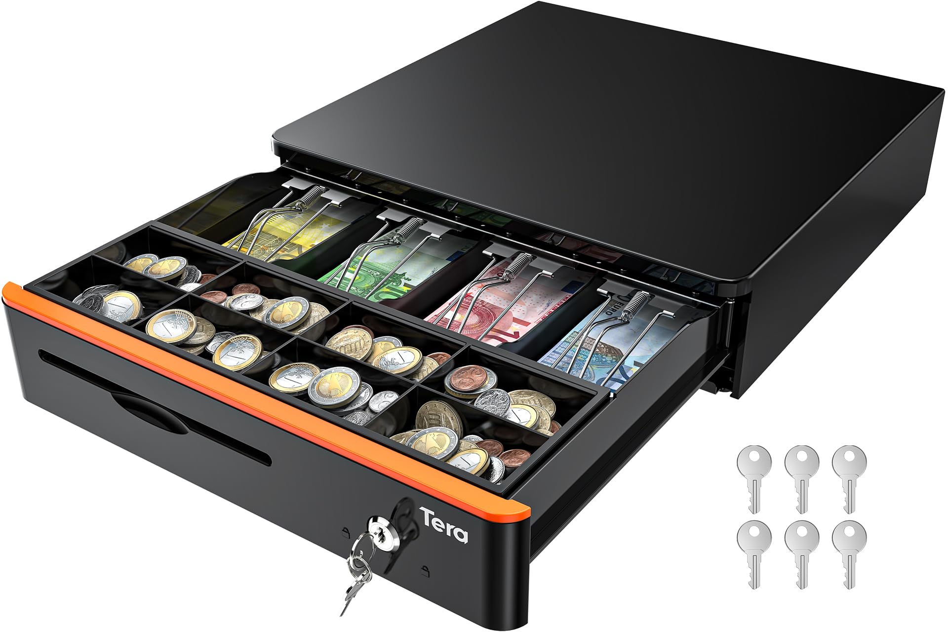 Tera Cajón Portamonedas Caja Registradora con Cerradura: 40,5 × 40 × 10,2 cm 5 Compartimentos Billetes 8 Monedas con Bandeja RJ12 Llaves Microinterruptor para POS Supermercado Tienda Modelo 405R