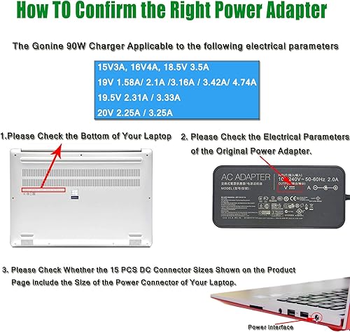 Miniatura 3 de Gonine - Cargador universal para portátil de 90 W, 110-240 V CA a CC 19 V 19.5 V 20 V 18.5 V 15 V 16 V CA, compatible con HP Dell Acer Asus Toshiba