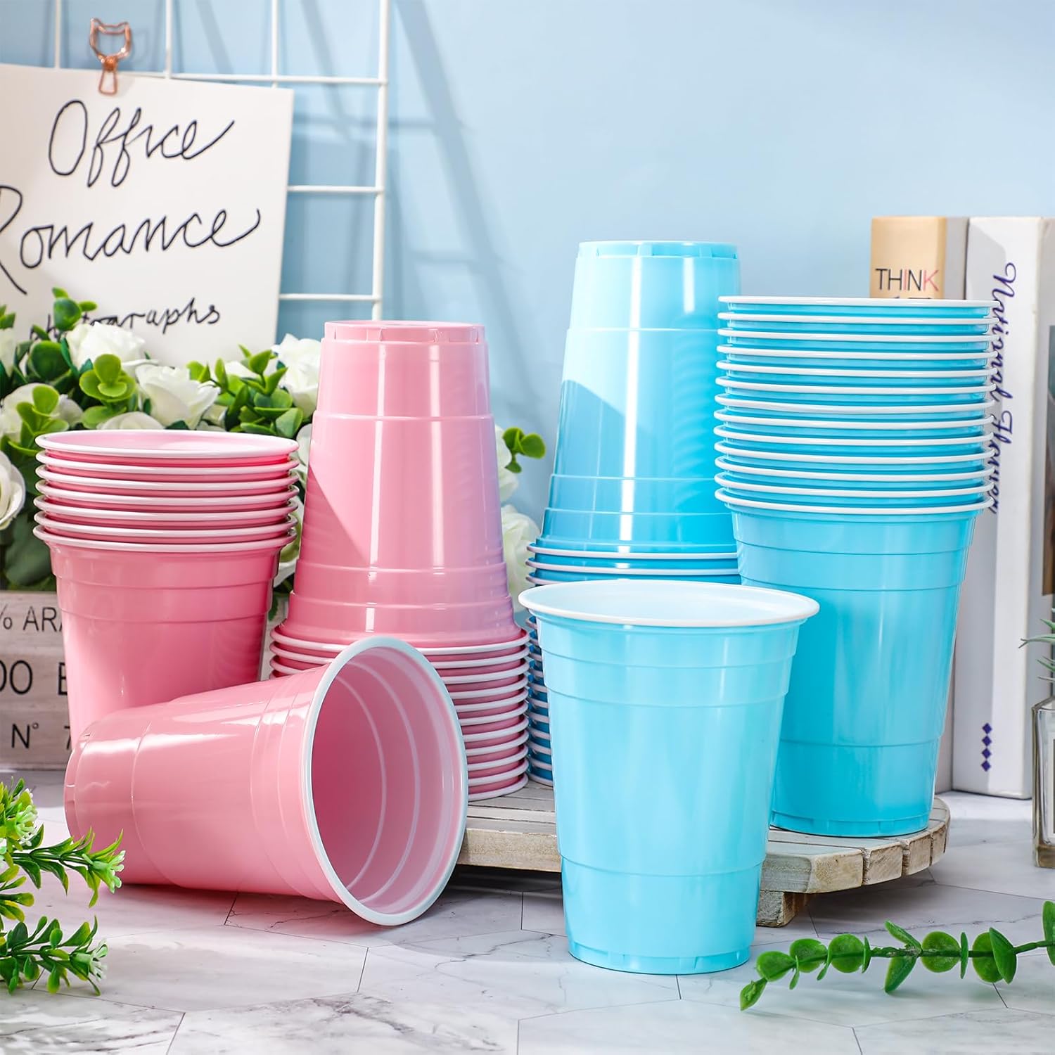 Whaline 120Pcs Colored Plastic Cups 16oz Blue Pink Plastic Cup Gender Reveal Party Disposable Cups for Birthday Baby Shower Wedding Supplies