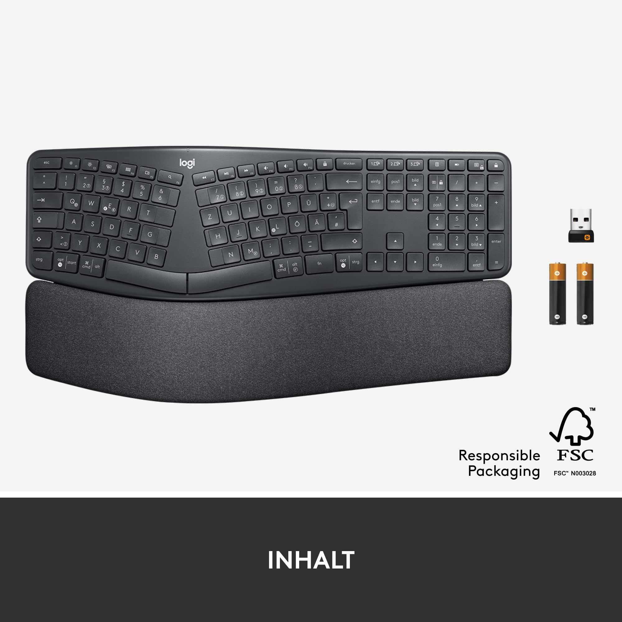 Logitech ERGO K860 kabellose ergonomische Tastatur – geteilte Tastatur, Handballenauflage, natürliches Tippen, schmutzabweisendes Material, Bluetooth und USB-Verbindung, für Windows/Mac - Graphit