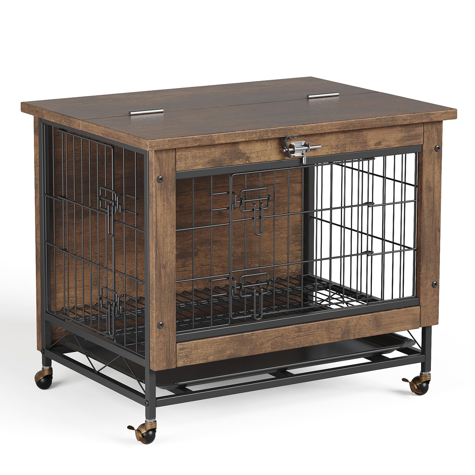 Garvee Dog Crate Furniture with 2 Doors, Indoor Small Dog Crates with Wheels, Heavy Duty Wooden Kennel Furniture, End Side Table Cage, Anti-Chew, Rustic Brown, Brown, 26.4