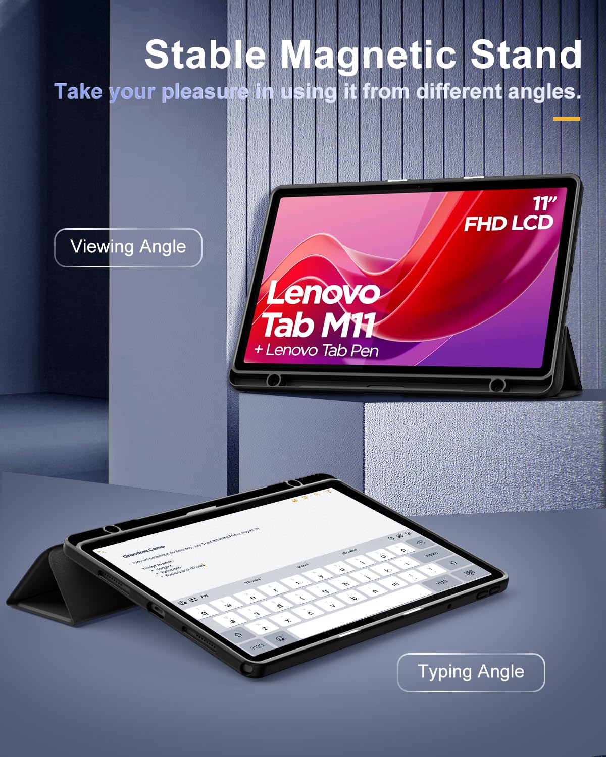 TiMOVO Cover per Lenovo Tab M11 2024 11 Pollici TB330 con Portapenna, Cover Protettiva con Supporto a Tre Ante, Trasparente sul Retro, Supporta Auto Sveglia/Sonno per Lenovo Tab M11, Nero