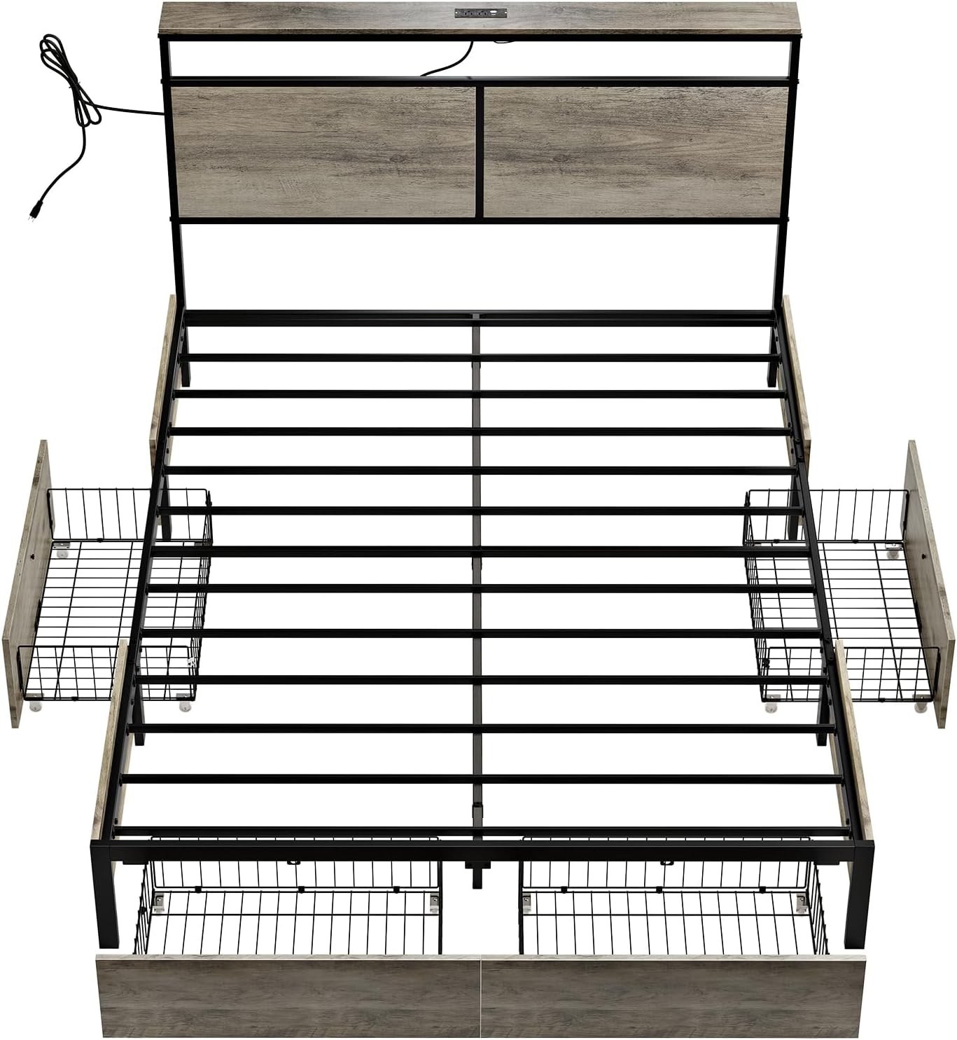 HAUSOURCE Queen Bed Frame with 4 Drawers Storage Headboard and LED Lights Charging Station Metal Platform Bed Frame Queen Size Heavy-Duty Metal Slats Support No Box Spring Needed,Grey - Image 6