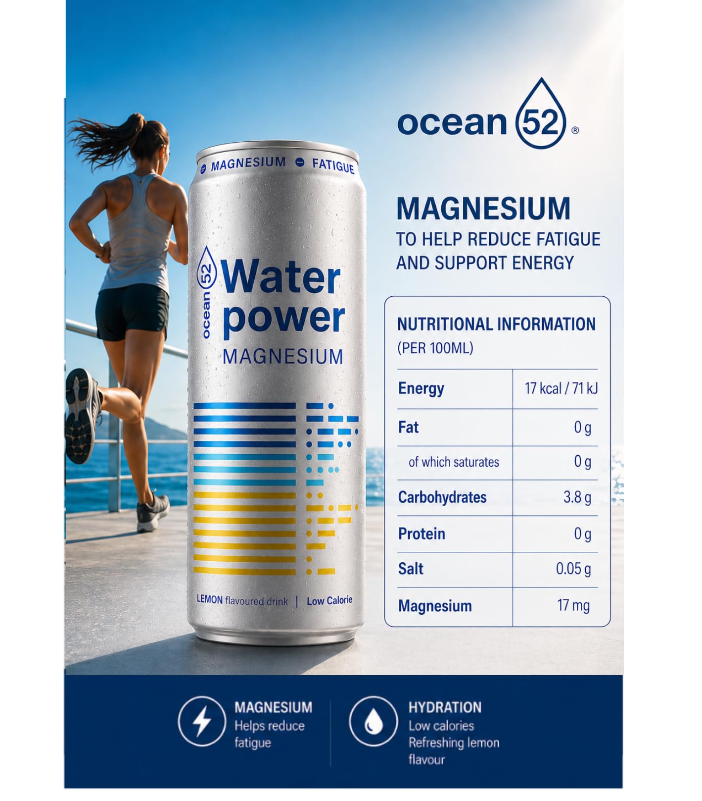 Agua en lata Water Power, de Ocean52. Agua Mineral Natural con Limón y Magnesio - Pack 24 unidades x 33cl. Agua en packs de 24 latas de 33cl. Agua mineral en lata x 24.