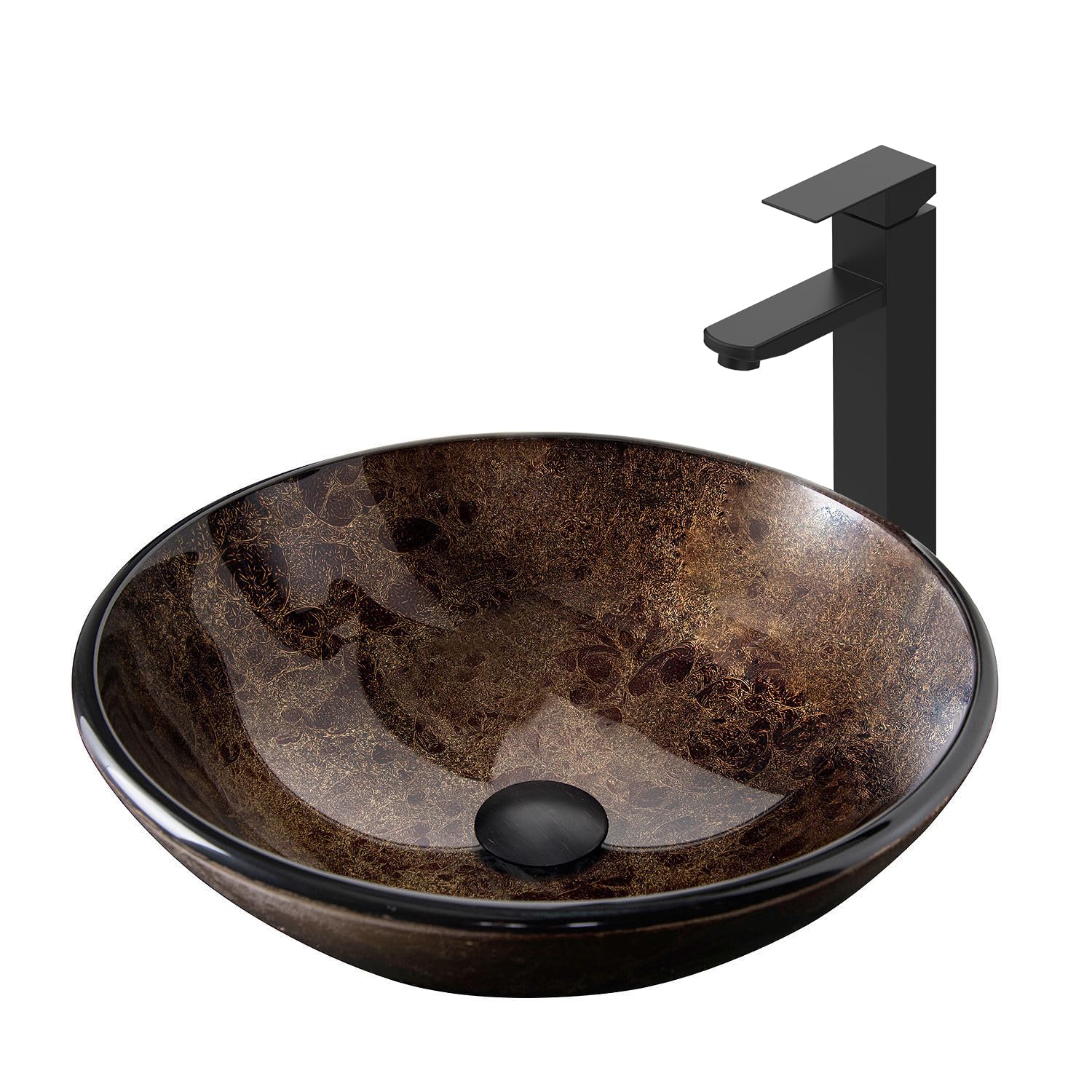 bathroom artistic vessel sink, tempered glass vanity round bowl with black faucet and pop up drain set, brown