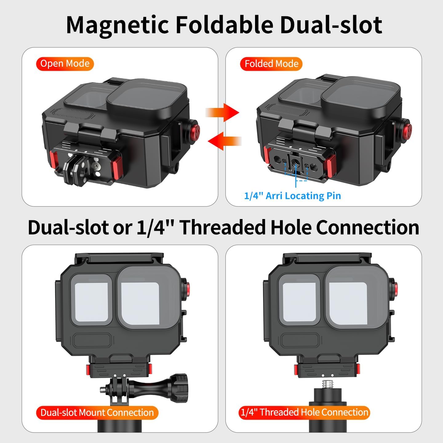 80M Aluminum Waterproof Case for Ace Pro/Ace Pro 2, Camera Dive Cases with Magnetic Mount Adapter, Camera Diving Protective Housing Shell (Magnetic Foldable Dual-Slot/Only for Bare Camera)