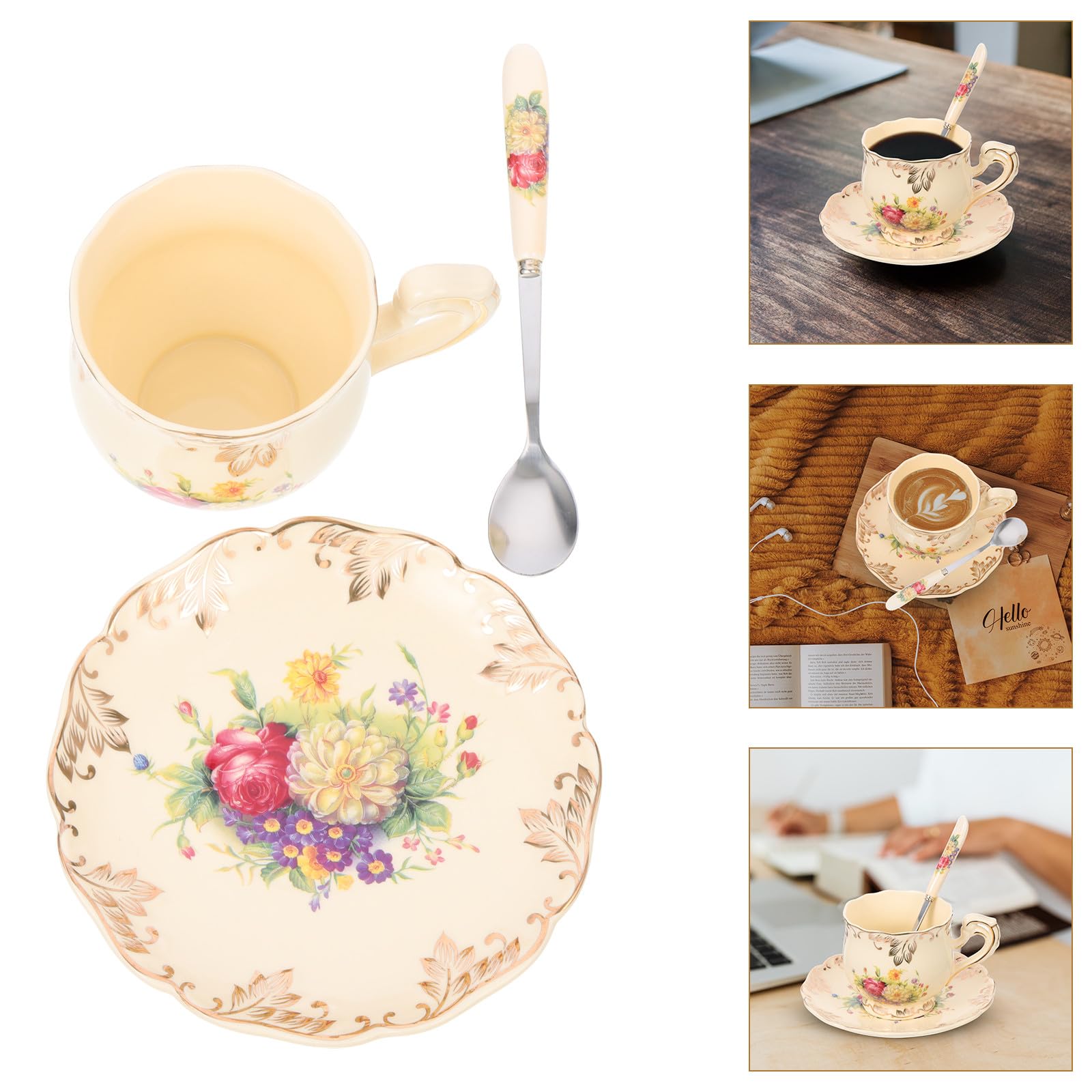 Kaffeetasse Satz aus Keramik mit Untertasse und Löffel, 250ml Retro