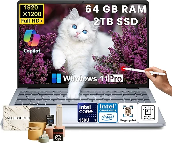 Dell 16-Inch Touchscreen Laptop Computer – Intel Core 7 150U, 64GB DDR5 RAM, 2TB SSD, 16" FHD+ IPS Display, Ai Copilot, Fingerprint Reader, Backlit KB, 1080p Webcam, Win 11 Pro, w/Accessories