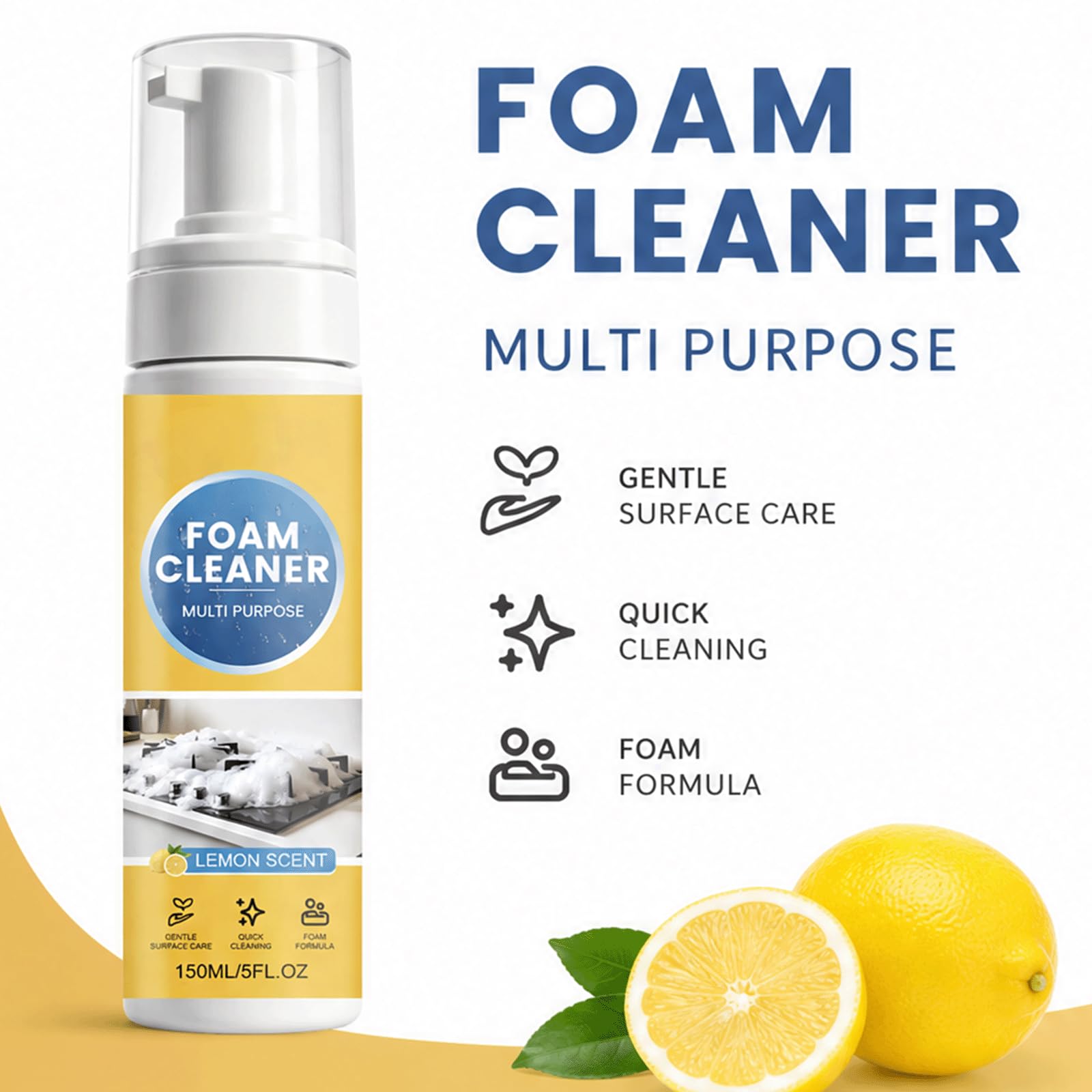 Aroma de limón Spray de espuma limpiadora multiusos sin enjuague para trabajo pesado - Potente desengrasante de cocina, limpiadores domésticos para todo uso, (5 piezas)