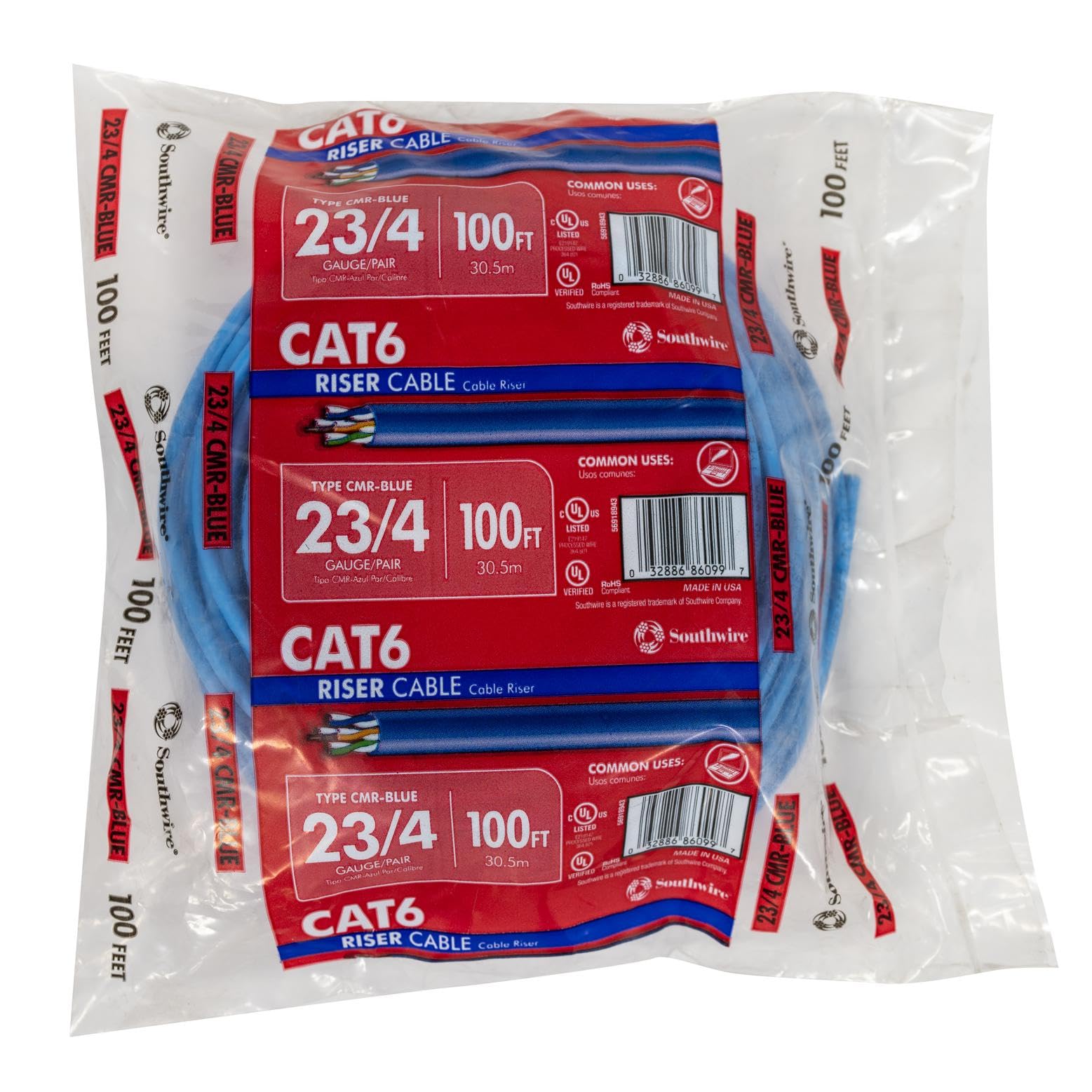 Amazon.com: Woods 56918945 Category 6 Blue Cable 23AWG, CMR, 4