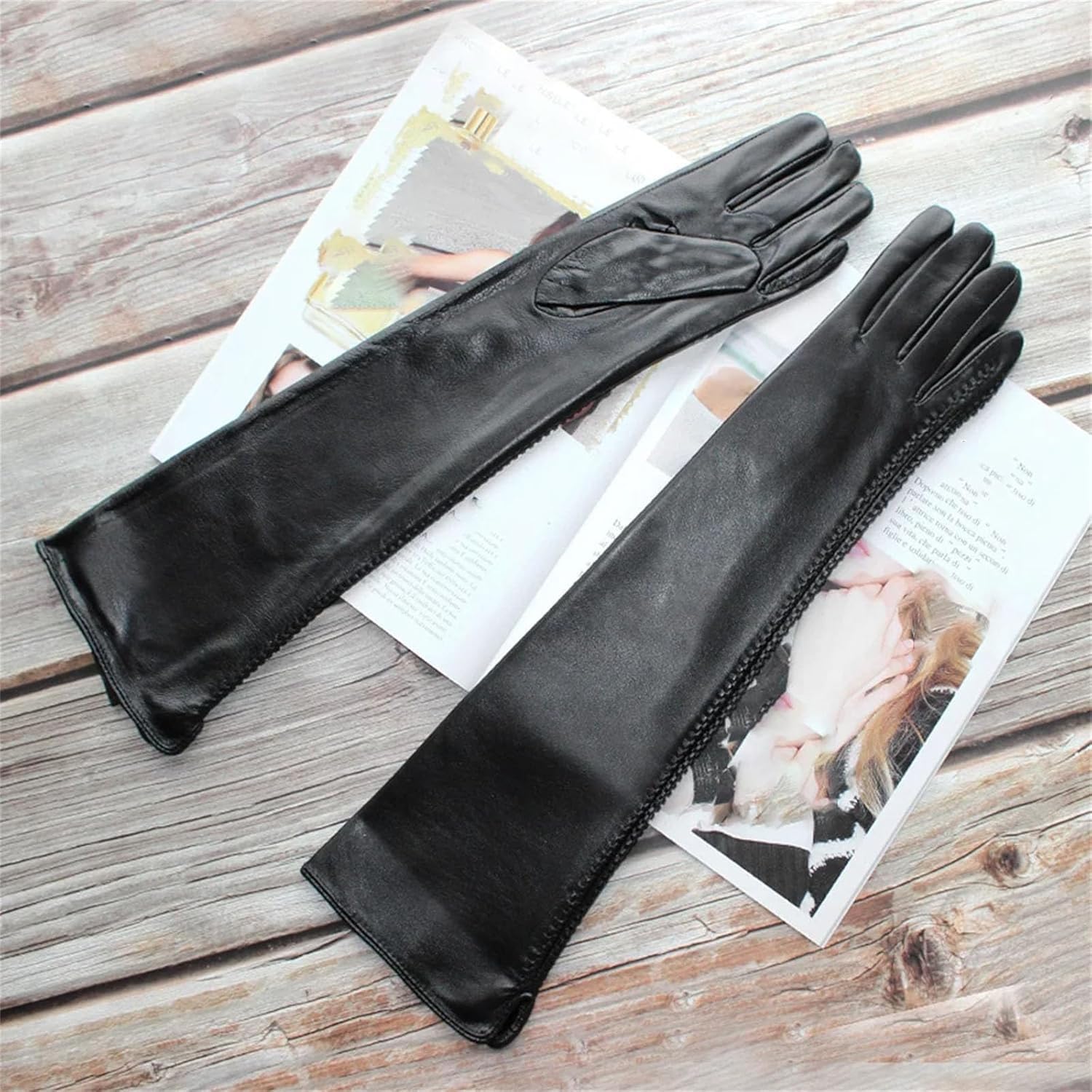 Damen Lange Lammfell Handschuhe Echtes Leder Mode Gefüttert Winter Warme Handschuhe Knopf Stil, Button Style, 8