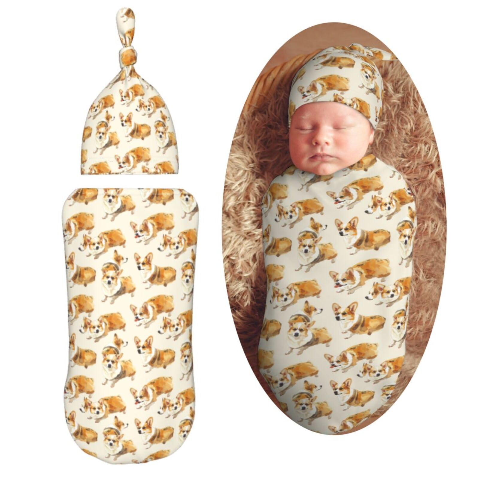 Watercolor Cute Corgi Newborn Swaddle Blankets Hat Sets Soft Baby Receiving Blanket Swaddle Sack for Baby Shower Infant Boy Girl Gift