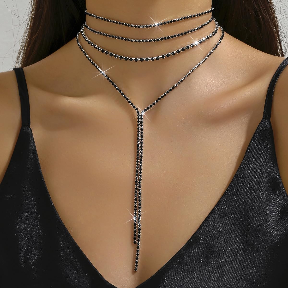 Layered Sexy Choker Necklace Rhinestone Statement Necklace Multilayered Y Long Rhinestones Choker Necklaces Long Layered Necklaces for Women - Image 2