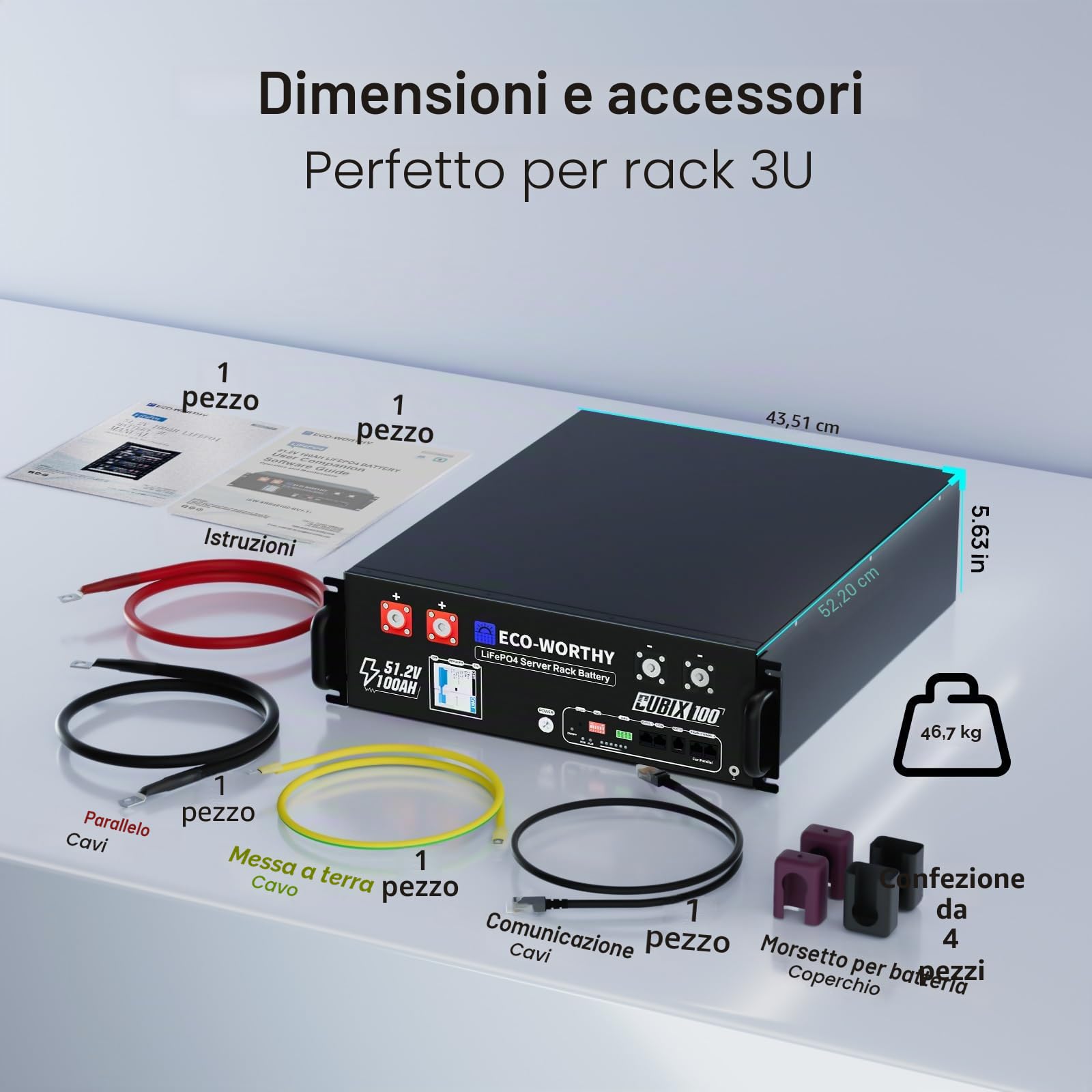 ECO-WORTHY LiFePO4 48V 100Ah Cubix 100 Batteria IEC 62619 Bluetooth con BMS 100A, Batteria al litio 5,12KWh 48V Armadio Server Batteria Solare per Impianto Solare Set Completo, Impianto Fotovoltaico