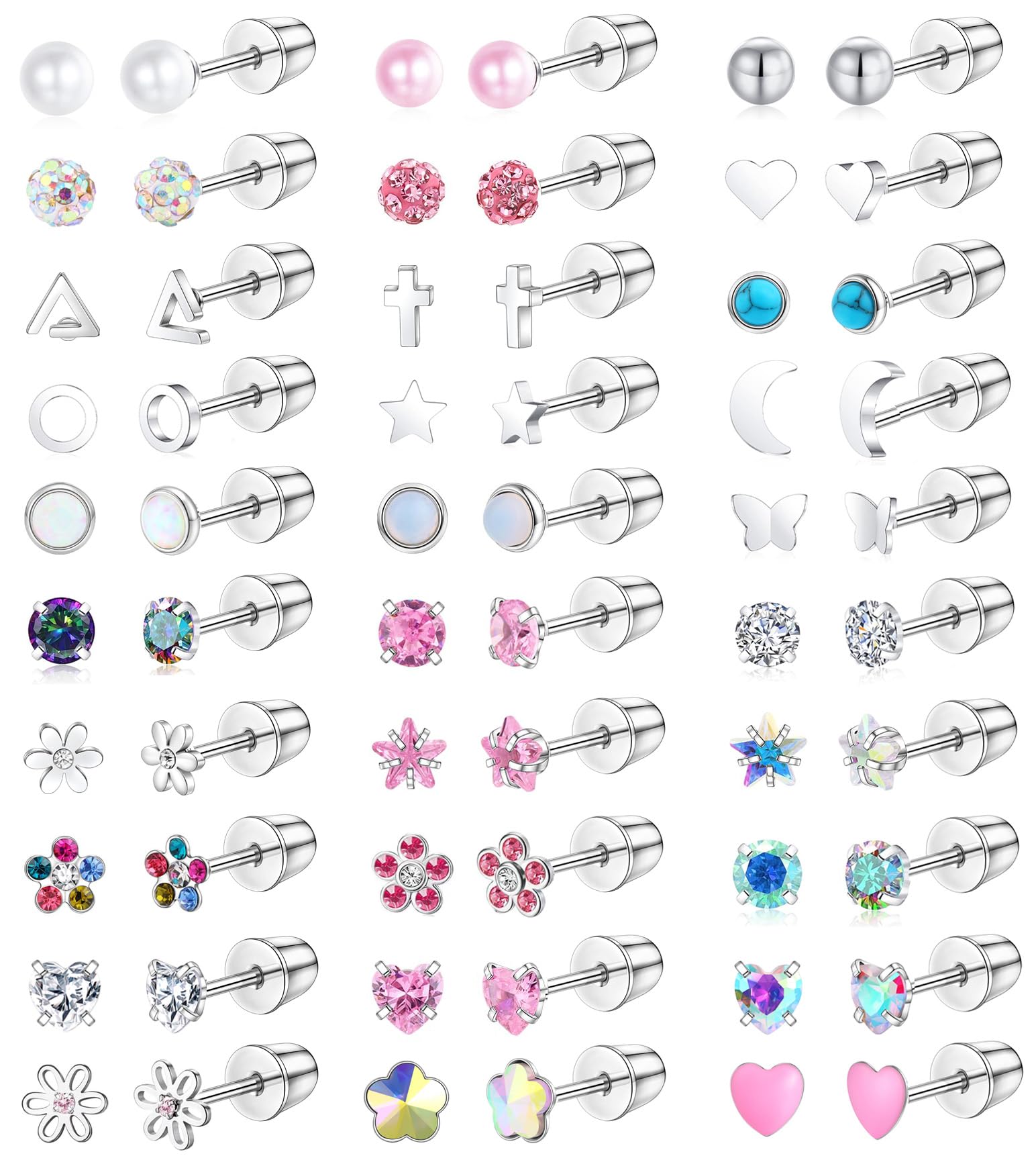 SAMOCO 30 Pairs Hypoallergenic Screw Back Earrings for Women Stainless Steel Small Stud Earrings 20G Tiny Cartilage Stud