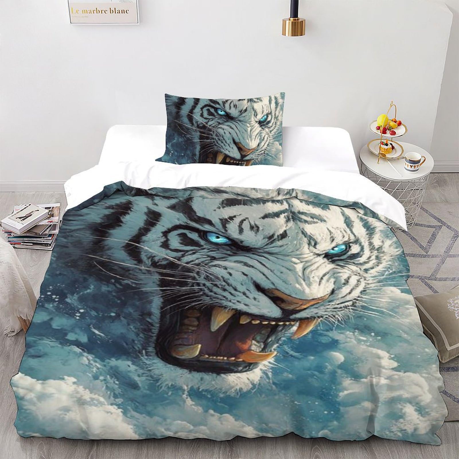 Housse de couette tigre blanc imprimé 3D 135x200 animaux