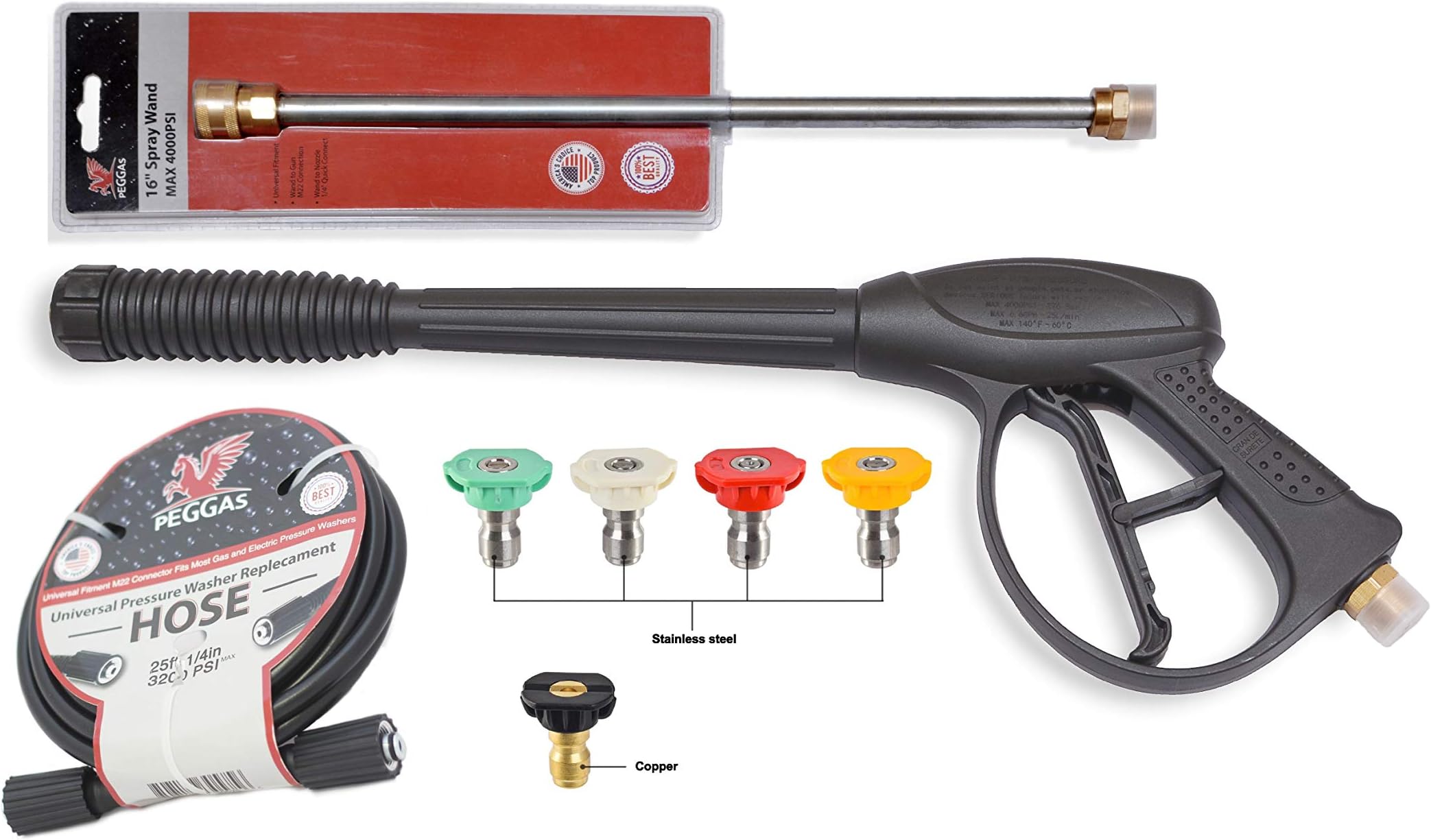 Pressure Washer Spray Gun, 16" Pressure Washer Wand, Pressure Washer Tips & 25FT Replacement Hose Rated for 3200 PSI - Power Washer Gun Combo Set - Pressure Washer Accessories M22