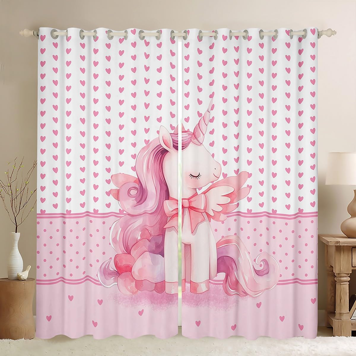 Homemissing Cute Unicorn Curtain (2 Panels, W66*L72) Bowknot Love Pattern Blackout Shades Pink Cartoon Animal Room Darkening Curtain Microfiber