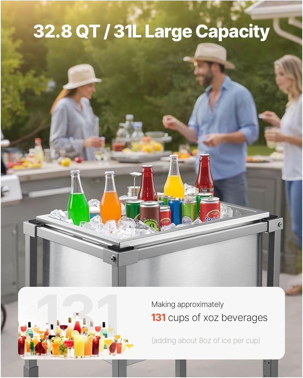 Rolling Ice Chest Cooler Cart, 32.8 Quart Stainless Steel Outdoor Cooler Trolley, 22x16x38 Inch Portable Stand Up Cooling Bin on Wheels with Shelf for Patio, Party