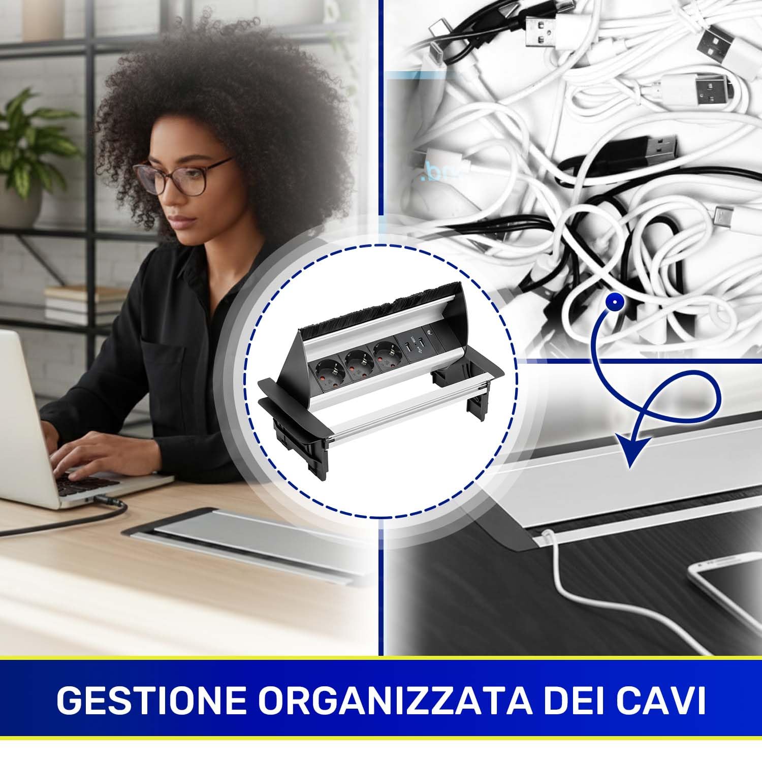 Presa a Scomparsa Top Cucina 291x158 mm con Cavo di Alimentazione da 1,5 m - Presa da Incasso per Mobili 3 x Schuko e 2 x USB 5V/2,1A - Garanzia 10 Anni - MONTERAL
