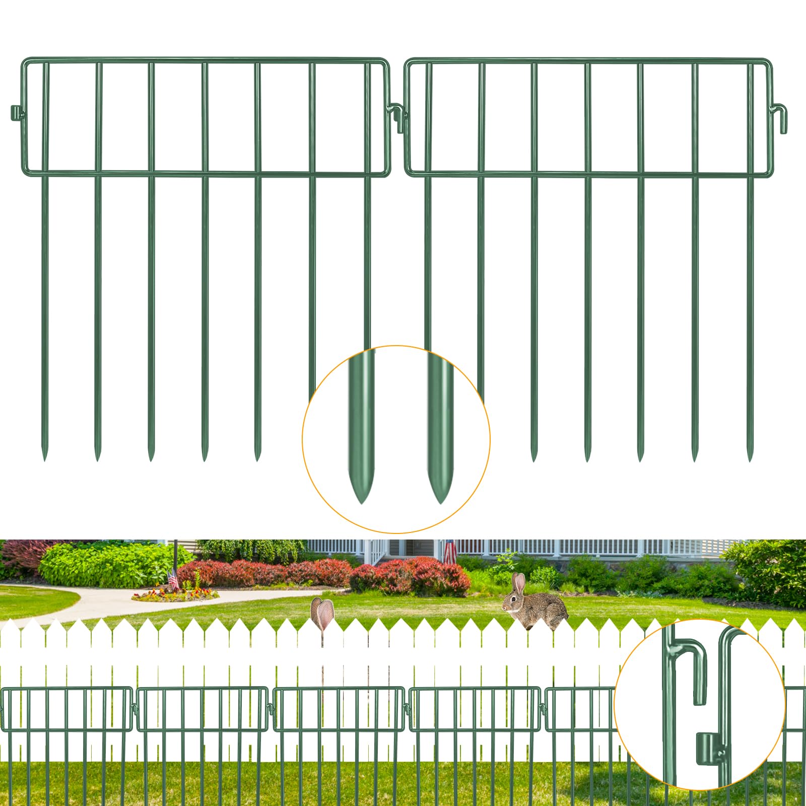 Adavin Green Animal Barrier Fence,10 Pack 12in(L)X12in(H) No Dig Garden Decorative Fence 1.5" Gap, Rustproof Metal Dig Deterrent Panel Border for Dog Rabbits, Ground Stakes Outdoor Patio,Total 10Ft(L)