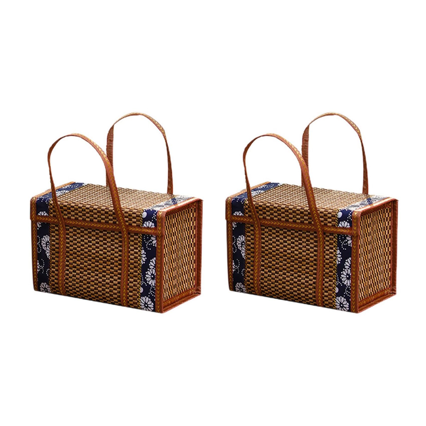 Vjsujehgy 2X Picnic Woven Basket Wicker Storage Bag Handle Folded Fruit Shopping Food Handle Rattan Grass Foldable Bamboo Basket B