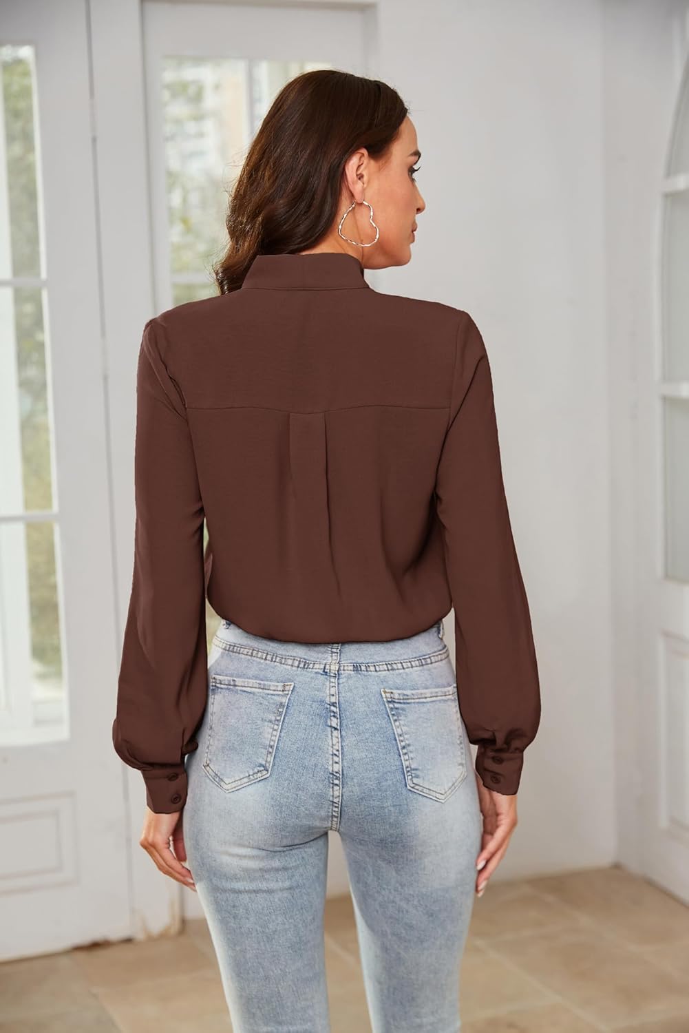 Kate Kasin Women Bow Tie Neck Office Blouse Button Down Long Sleeve Bodysuits Blouse Top - Image 4