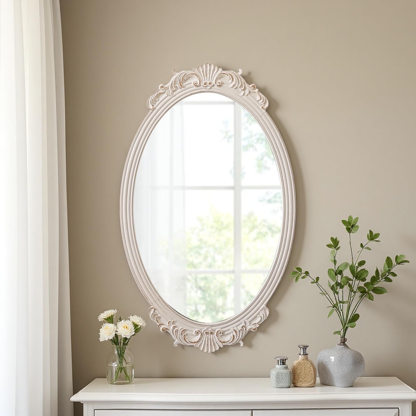 Vintage Oval Wall Mirror Decorative 30 x 18 inch, Hanging Handmade Distressed White Wood Frame Baroque Mirror for Wall Decor Living Room Bathroom Bedroom Entryway, Horizontal or Vertical