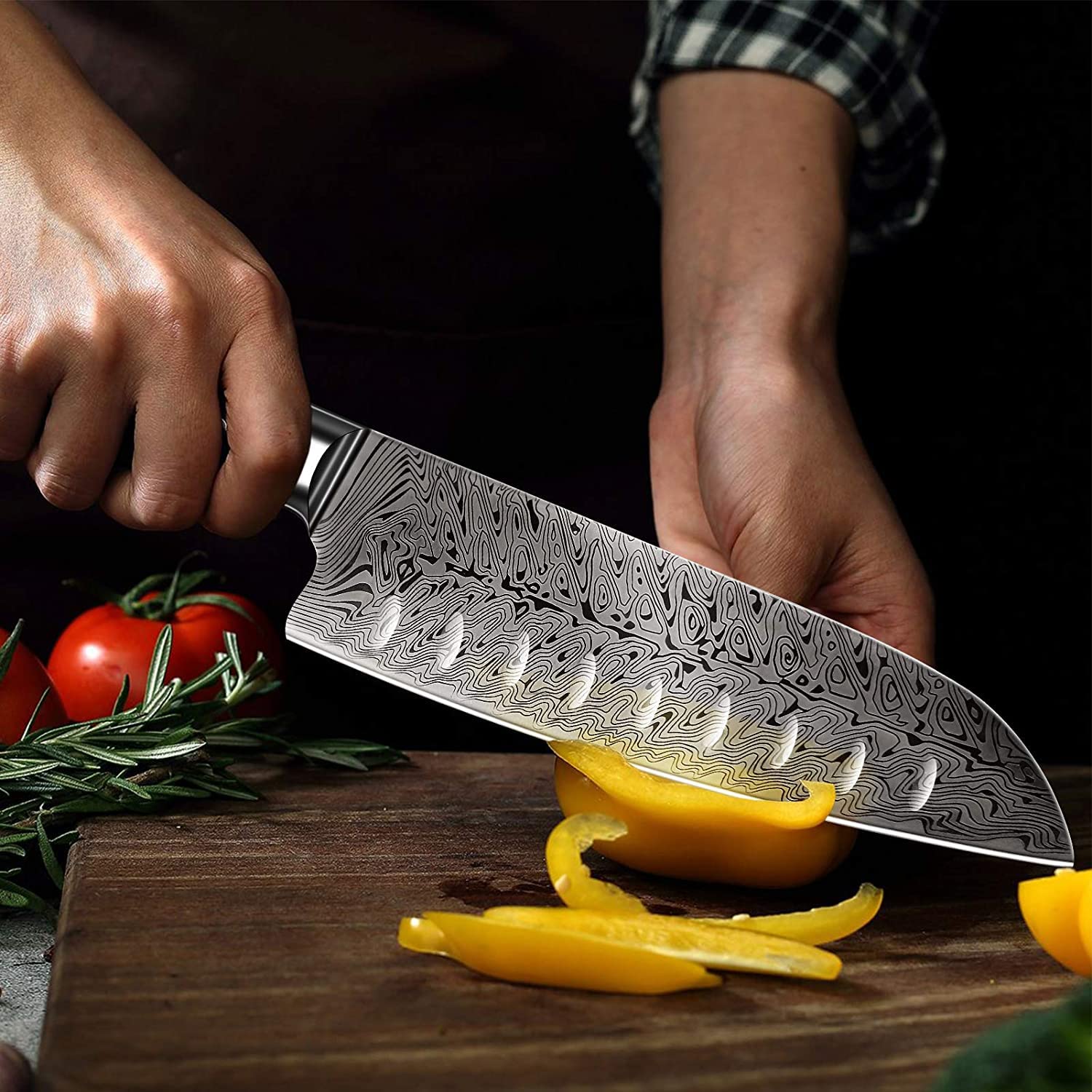 Nóż Santoku 18 cm, japoński styl, X50CrMov15, niemieckie ostrze ze stali i ergonomiczny uchwyt pakkawood, najlepsza wartość, ultra ostry nóż szefa kuchni, pudełko prezentowe