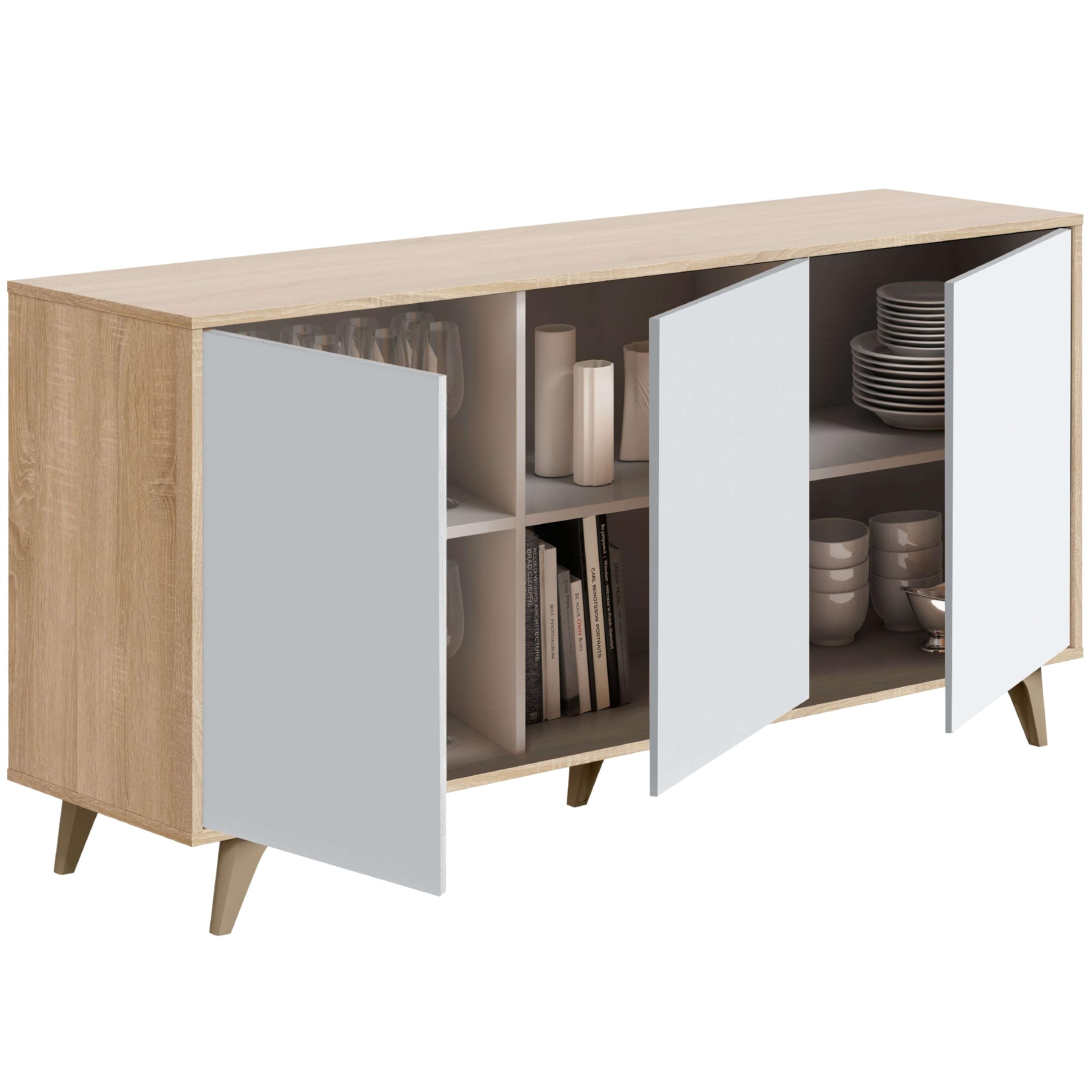 Habitdesign Aparador 3 Puertas, Bueffet para salón, Armario Auxiliar, Modelo Kikua Plus, Acabado en Blanco Artik y Roble Canadian, Medidas: 154 cm (Ancho) x 75 cm (Alto) x 40 cm (Fondo)