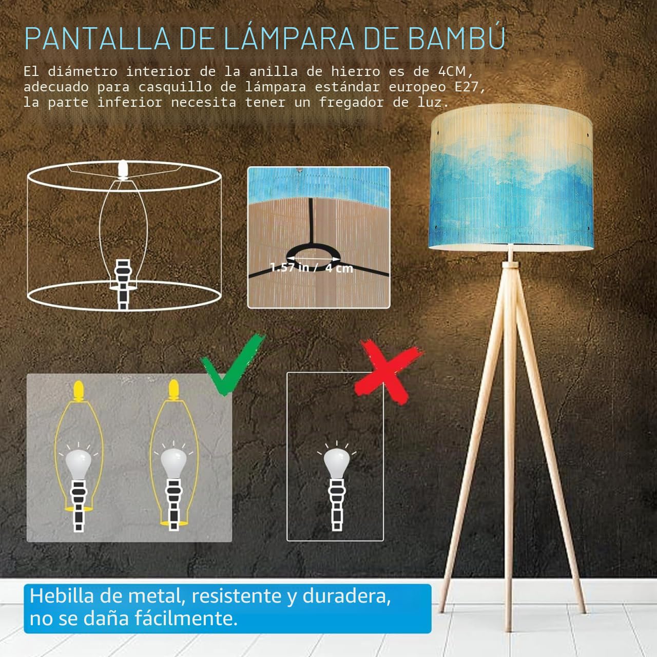Hemobllo Pantalla de bambú con impresión acuarela azul, casquillo E27, pantalla decorativa para el hogar, 29,9 x 29,9 x 23,1 cm