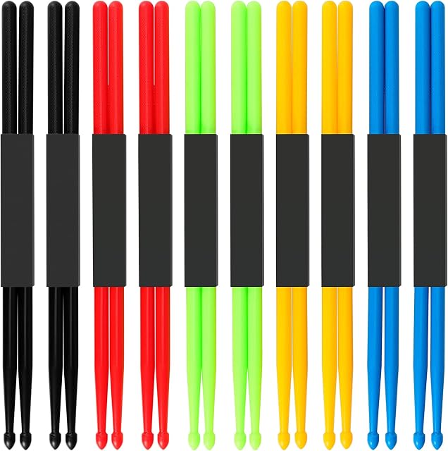 MUKCHAP Drum Sticks,10 Pairs 5A Nylon Drumsticks for Drum Set Light Durable Plastic Exercise Non-slip Handles Drum Sticks for Adults Musical Instrument Percussion Accessories,5 colors