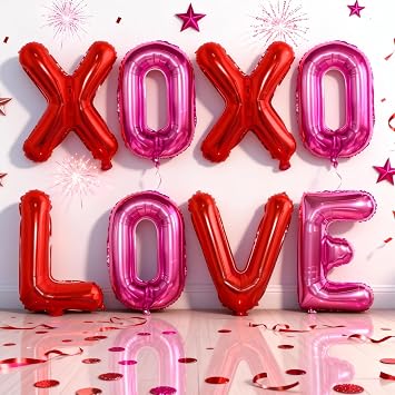 Red Pink XOXO Balloons and Love Balloon, 16 Inch Valentines Day Hot Pink Red XO Love Foil Letters Balloon Banner for Romantic Valentine Galentines Anniversary Bridal Shower Engagement Party Decoration