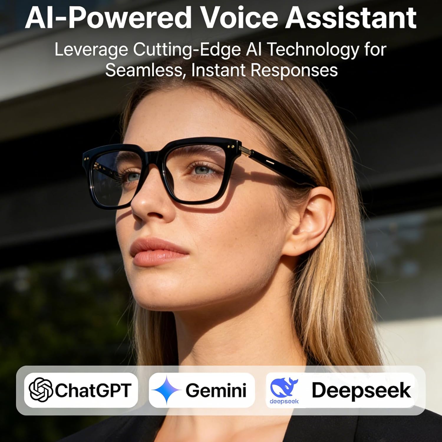 AI Smart Glasses for Men and Women – Powered by ChatGPT, Bluetooth Translation Glasses with 164 Languages, Photochromic Lens, Music Playback/Hands-Free Calling, UV/Blue Light Protection Black
