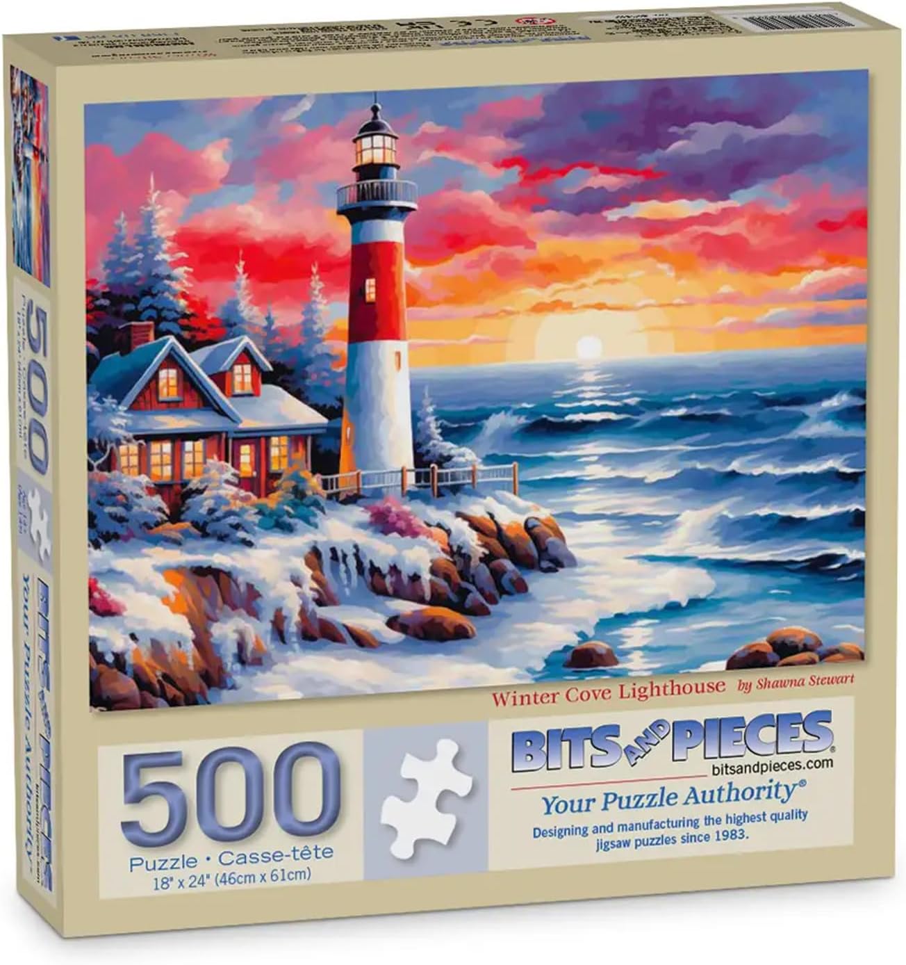 Bits and Pieces 500 Piece Puzzles for Adults - Large 18" x 24" Jigsaw Puzzles 500 Pieces Winter Seascape, Random Die Cut, No 2 Pieces Alike, Winter Cove Lighthouse