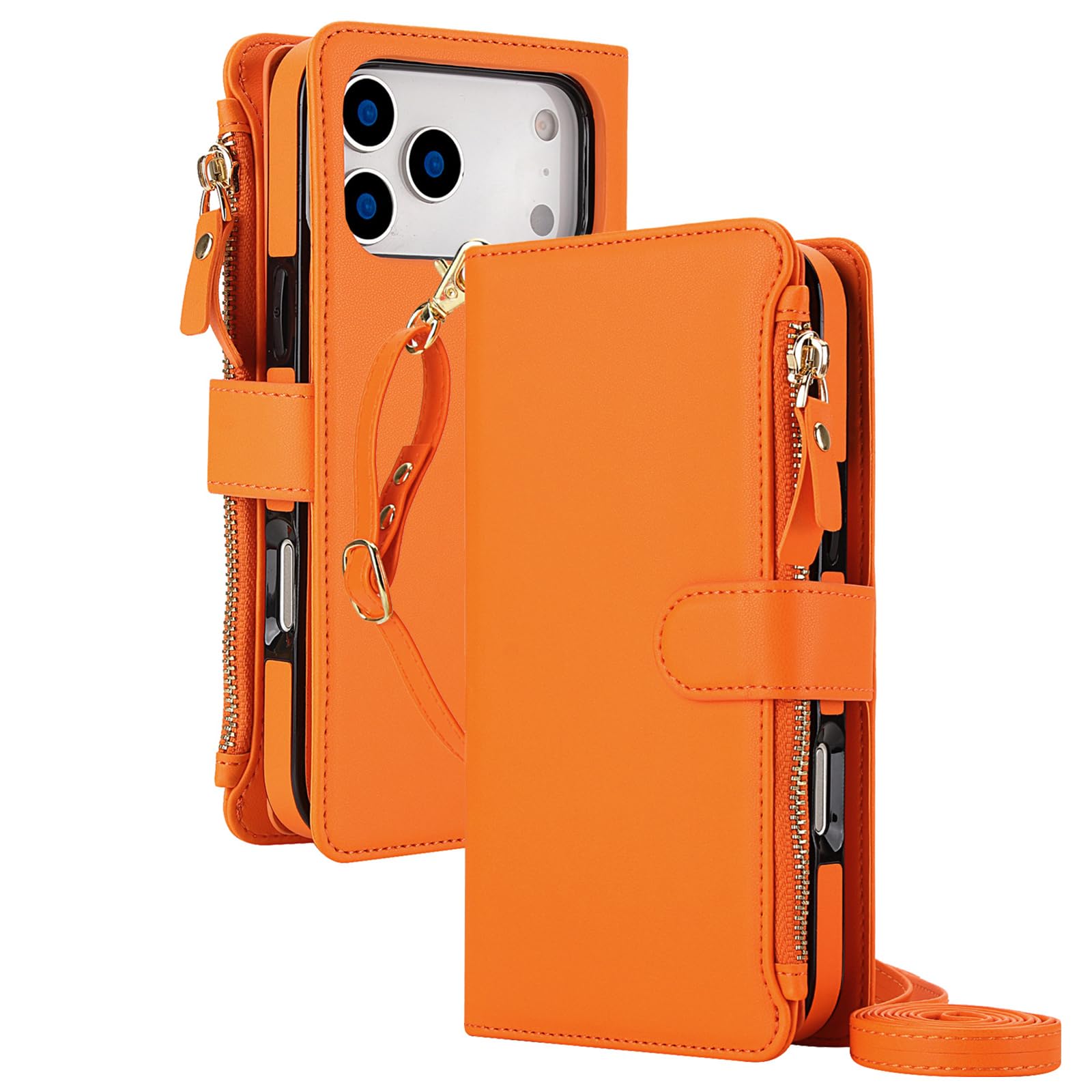 FDUJINH Wallet Case for Iphone 17 Pro Max/17 Pro/17 Air/17, High Capacity Flip Leather Cover Magnetic Detachable Crossbody Strap Shell,Orange,17 Pro