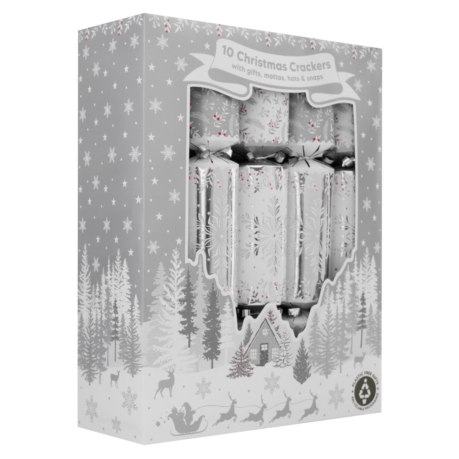Pack of 10 Festive Christmas Crackers Metallic White Silver Snowflake 12"