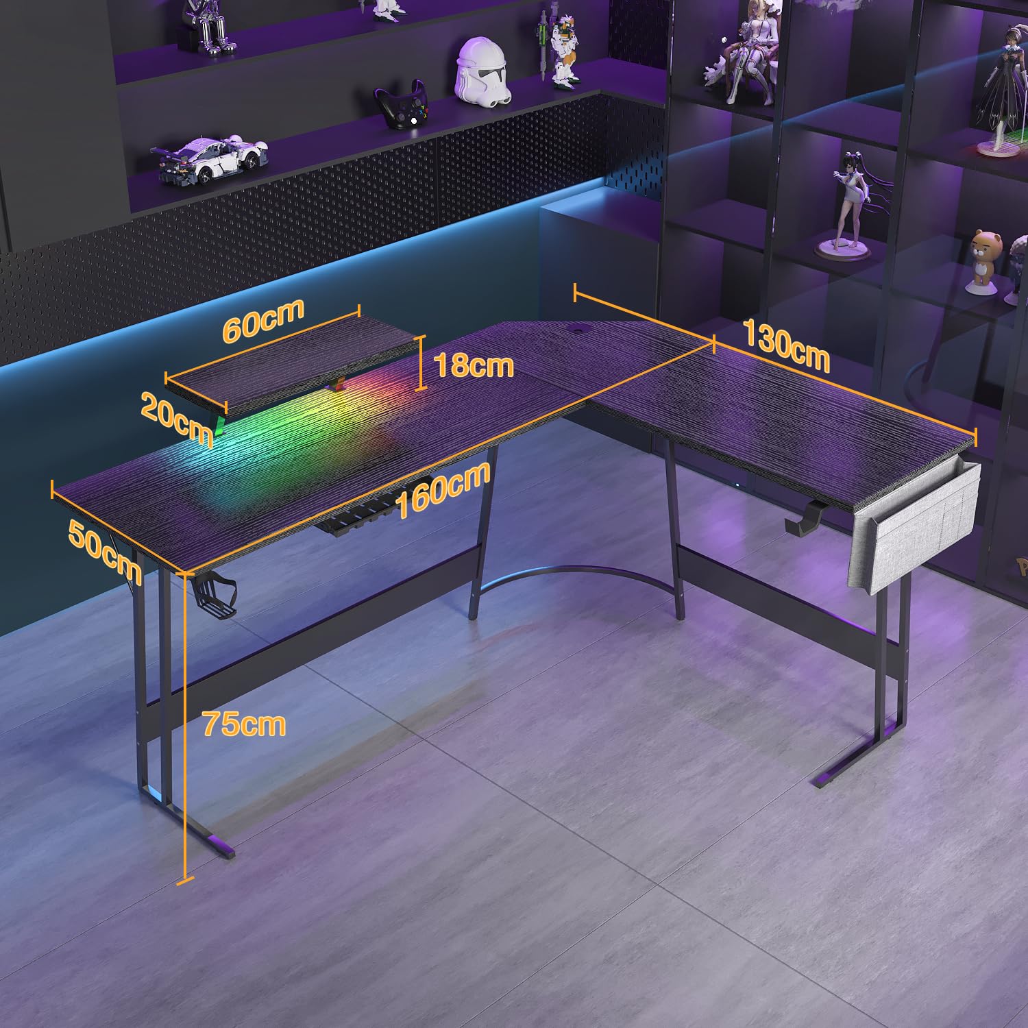 Bureau Gamer LED 160x100cm - Forme L Avec RGB - Panier Boisson Et Support Casque