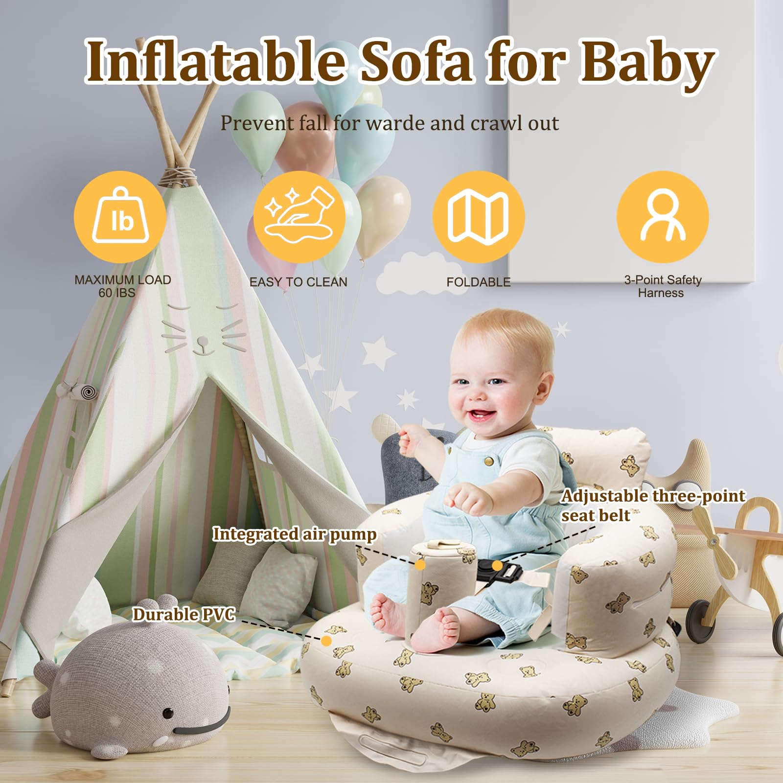 Ryvera Baby Inflatable Seat for Babies 3 Months and Up, Inflatable Baby Chair, Baby Support Seat Sofa Toddler Chair for Sitting Up, Baby Shower Chair for Baby Outdoor Seat Floor Seater Christmas Gifts - Image 4