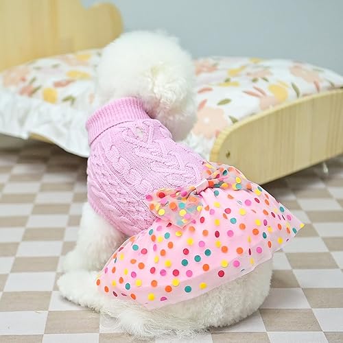Miniatura 9 de BEAUTYZOO Vestido de punto trenzado para perros pequeños con corbatín para perros pequeños y medianos, ropa de punto cálida de cuello alto, falda