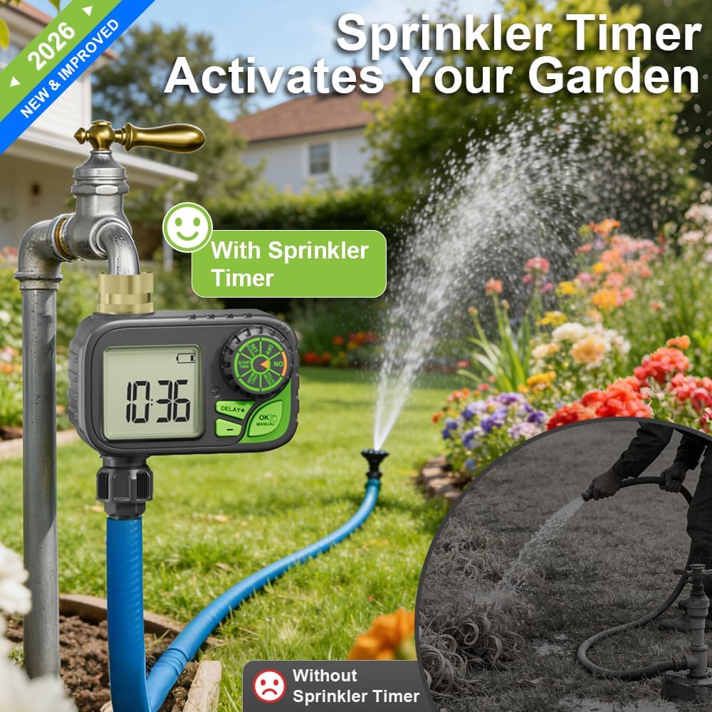 Sprinkler Timer Water Hose Timer - Programmable Digital Irrigation Outdoor Waterproof with Rain Delay, Manual & Automatic Watering System for Yard Lawn Garden Hose, Brass Inlet 1 Outlet