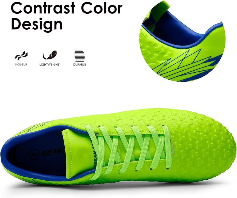 The DREAM PAIRS Men's Firm Ground Soccer Cleats Shoes are designed for maximum performance on the soccer field. These shoes feature a durable synthetic upper with a traditional lace-up closure for a secure fit. The padded collar and cushioned insole provide comfort and support during intense gameplay, while the firm ground studs offer superior traction and stability on natural grass surfaces.